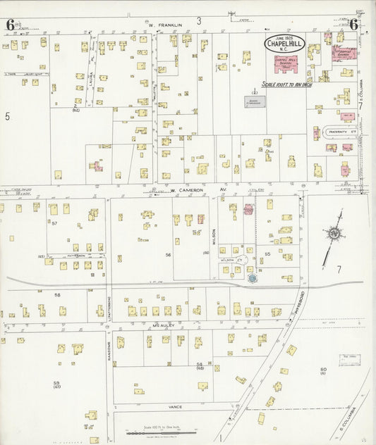 Sanborn Fire Insurance Map from Chapel Hill, Orange County, North Carolina (1925), Sheet #0006 - Historic Sanborn Fire Insurance Map Print, vintage old map wall art, antique decor, genealogy gift, North Carolina North Carolina map