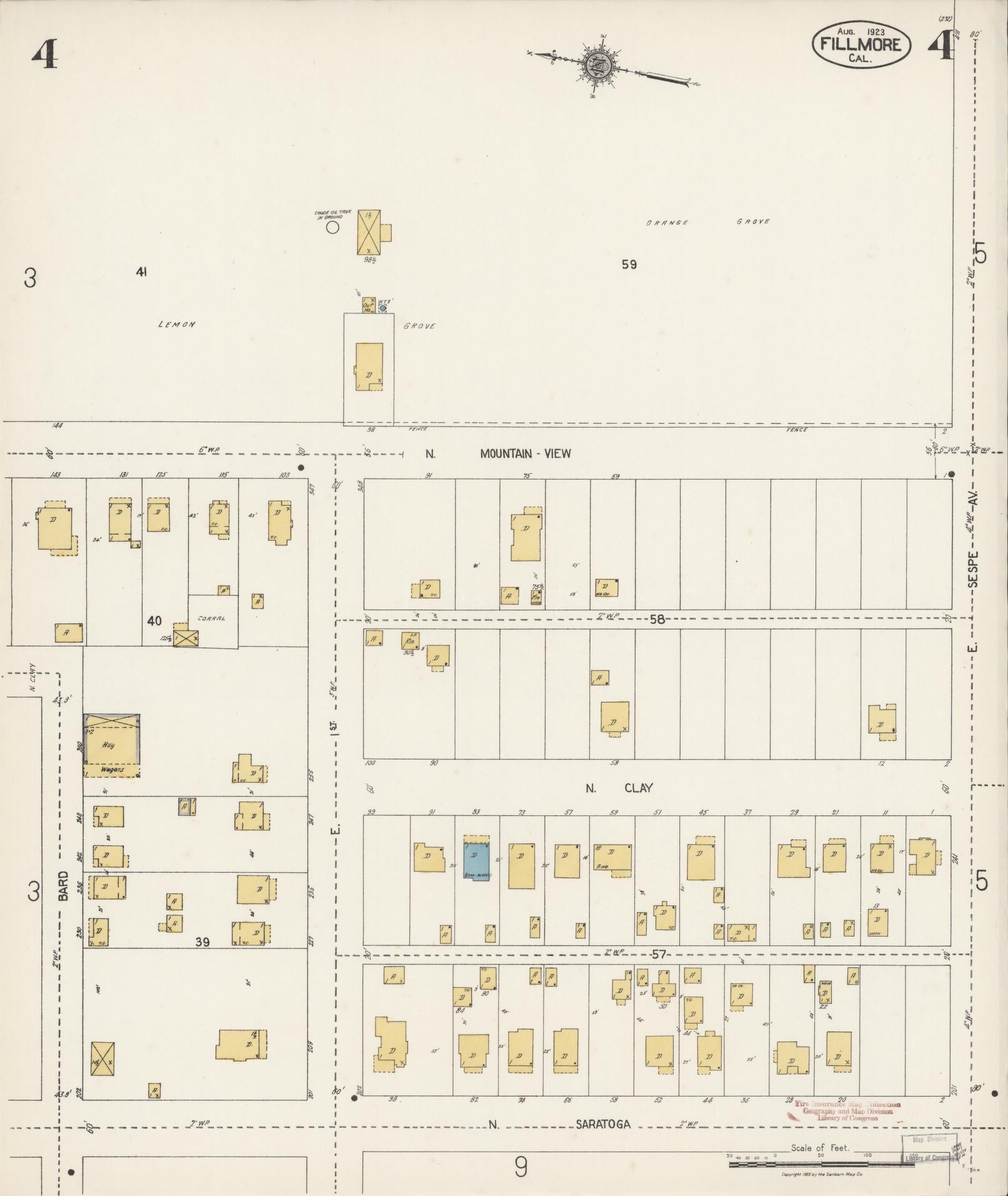 Sanborn Fire Insurance Map from Fillmore, Ventura County, California (1923), Sheet #0004 - Historic Sanborn Fire Insurance Map Print, vintage old map wall art, antique decor, genealogy gift, California California map