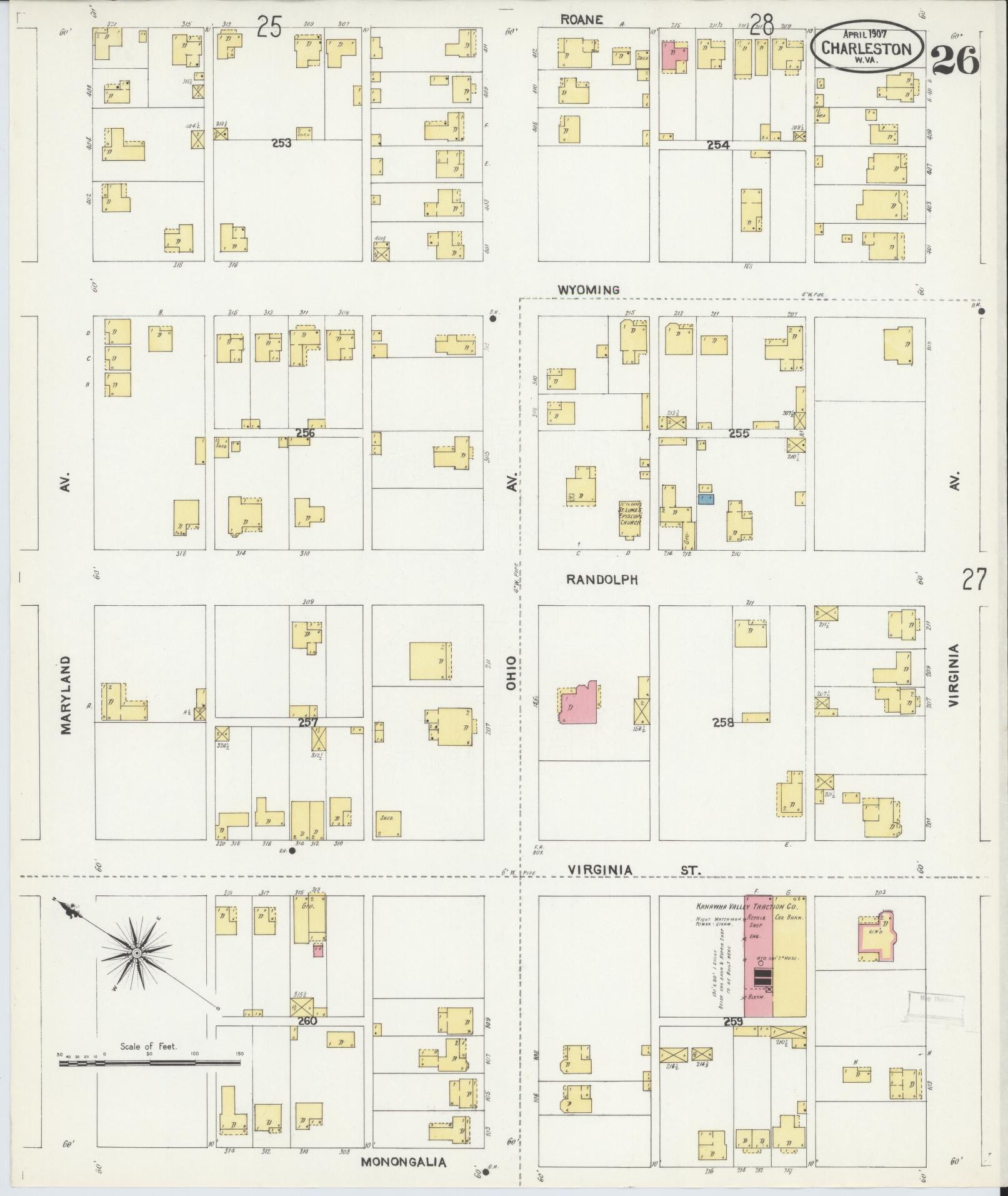 Sanborn Fire Insurance Map from Charleston, Kanawha County, West Virginia (1907), Sheet #0026 - Complete Map Set gallery image, historic Sanborn map, vintage wall art, West Virginia West Virginia