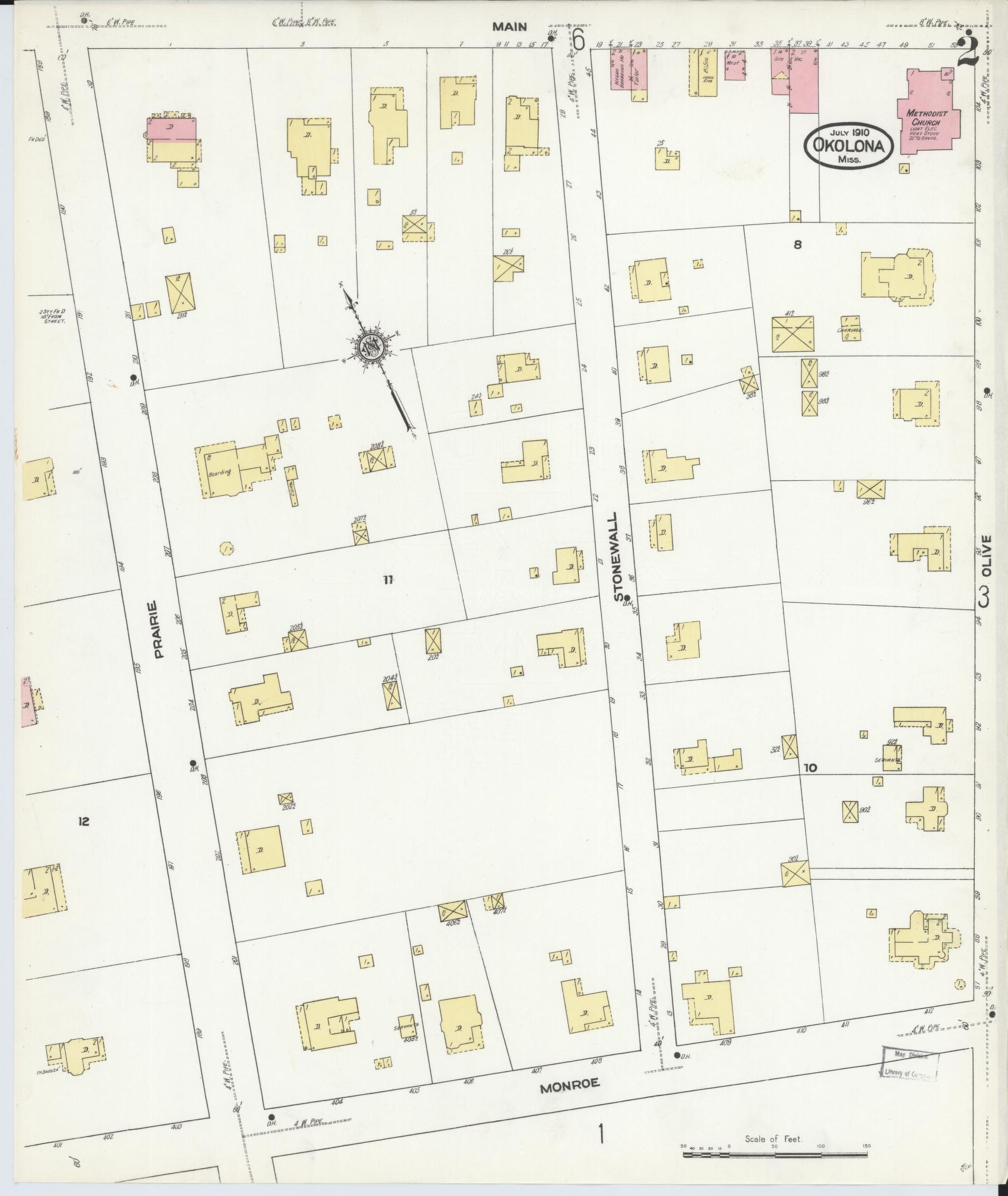 Sanborn Fire Insurance Map from Okolona, Chickasaw County, Mississippi (1910), Sheet #0002 - Historic Sanborn Fire Insurance Map Print, vintage old map wall art, antique decor, genealogy gift, Mississippi Mississippi map