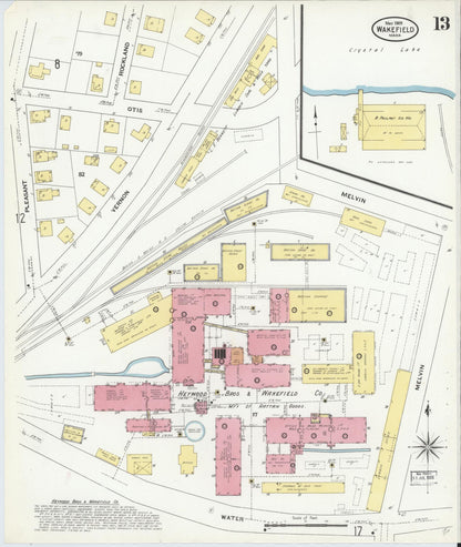 Sanborn Fire Insurance Map from Wakefield, Middlesex County, Massachusetts (1909), Sheet #0013 - Historic Sanborn Fire Insurance Map Print, vintage old map wall art, antique decor, genealogy gift, Massachusetts Massachusetts map