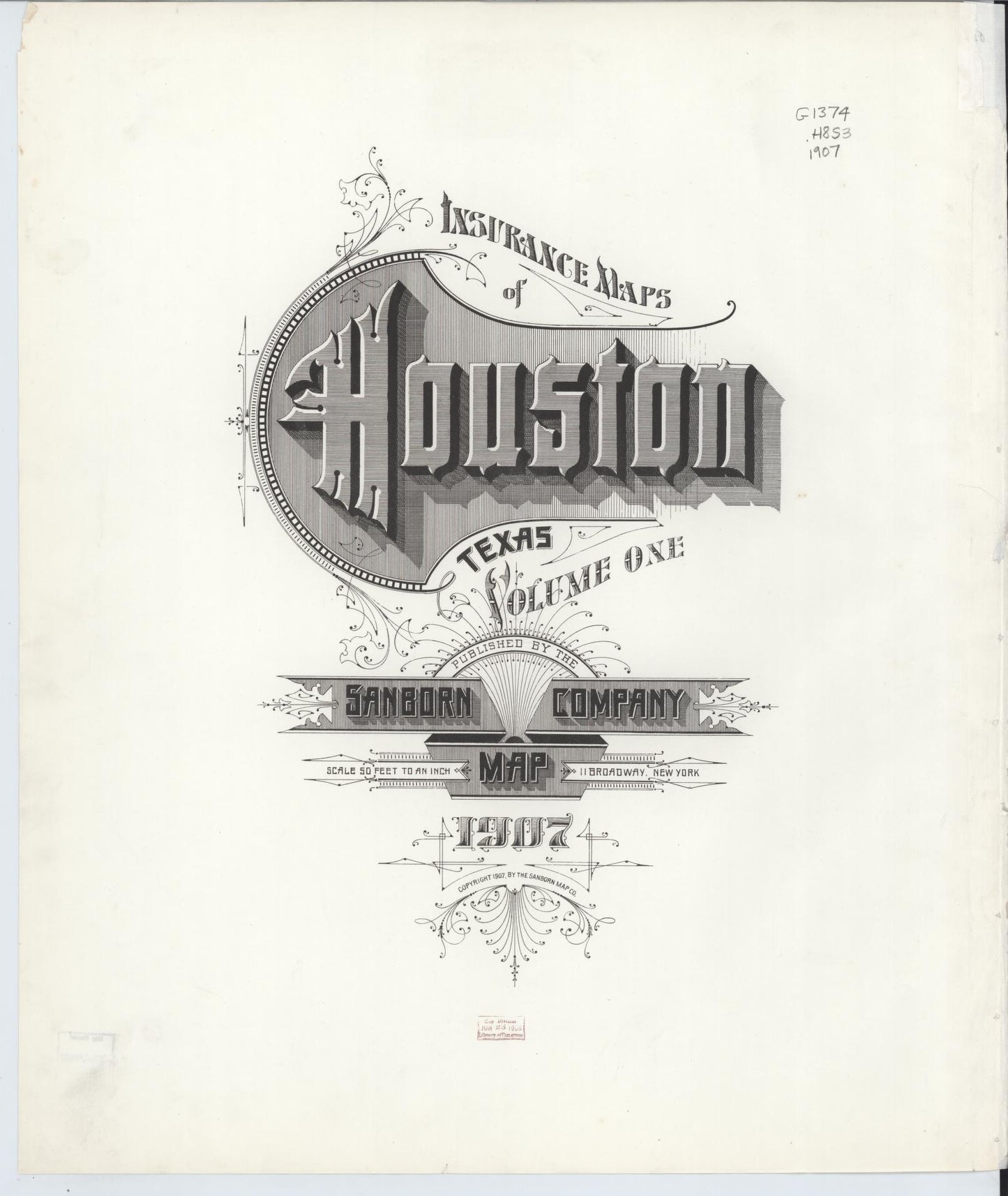 Sanborn Fire Insurance Map from Houston, Harris County, Texas (1907), Sheet #0001 - Historic Sanborn Fire Insurance Map Print, vintage old map wall art, antique decor, genealogy gift, Texas Texas map