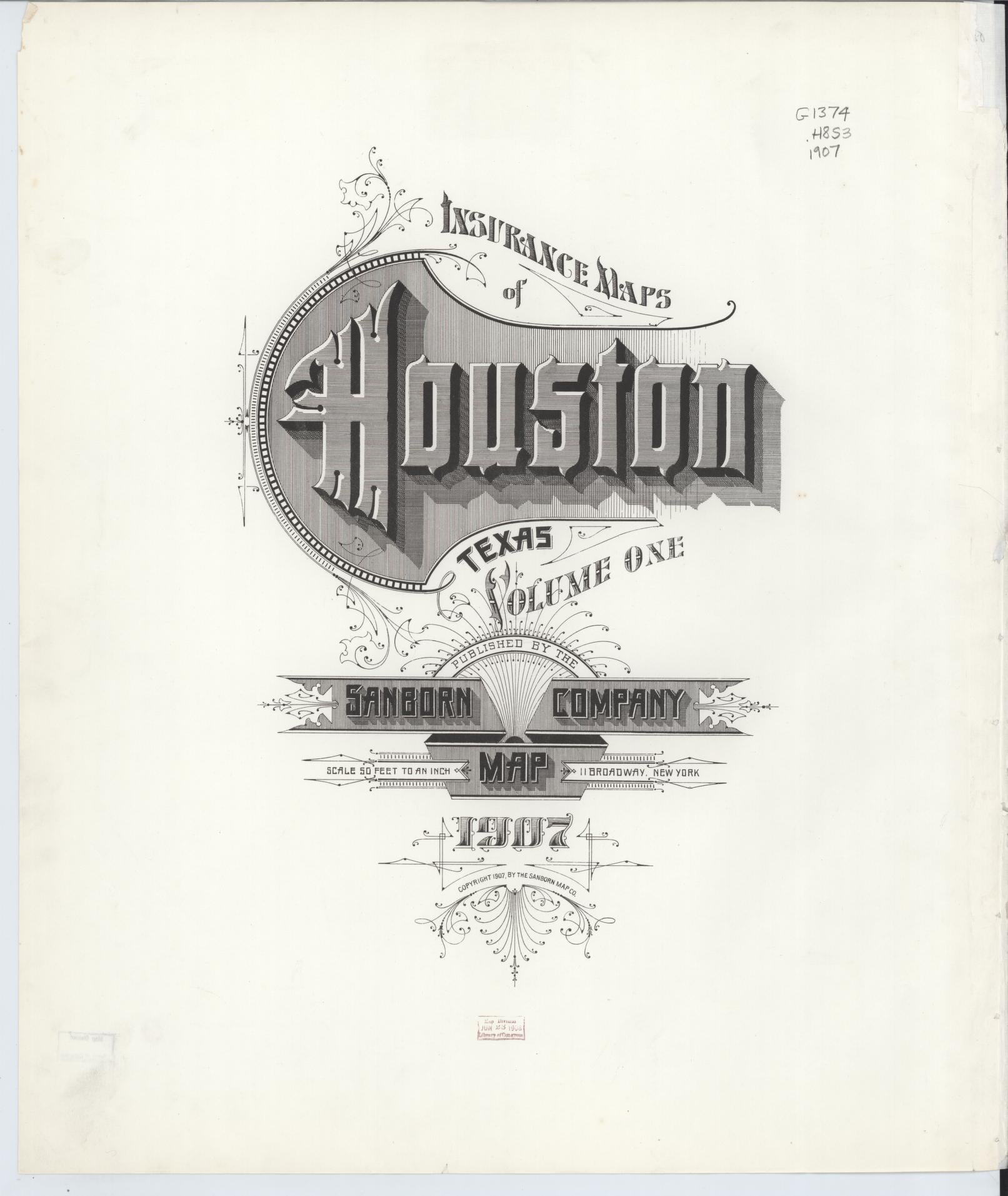 Sanborn Fire Insurance Map from Houston, Harris County, Texas (1907), Sheet #0001 - Historic Sanborn Fire Insurance Map Print, vintage old map wall art, antique decor, genealogy gift, Texas Texas map