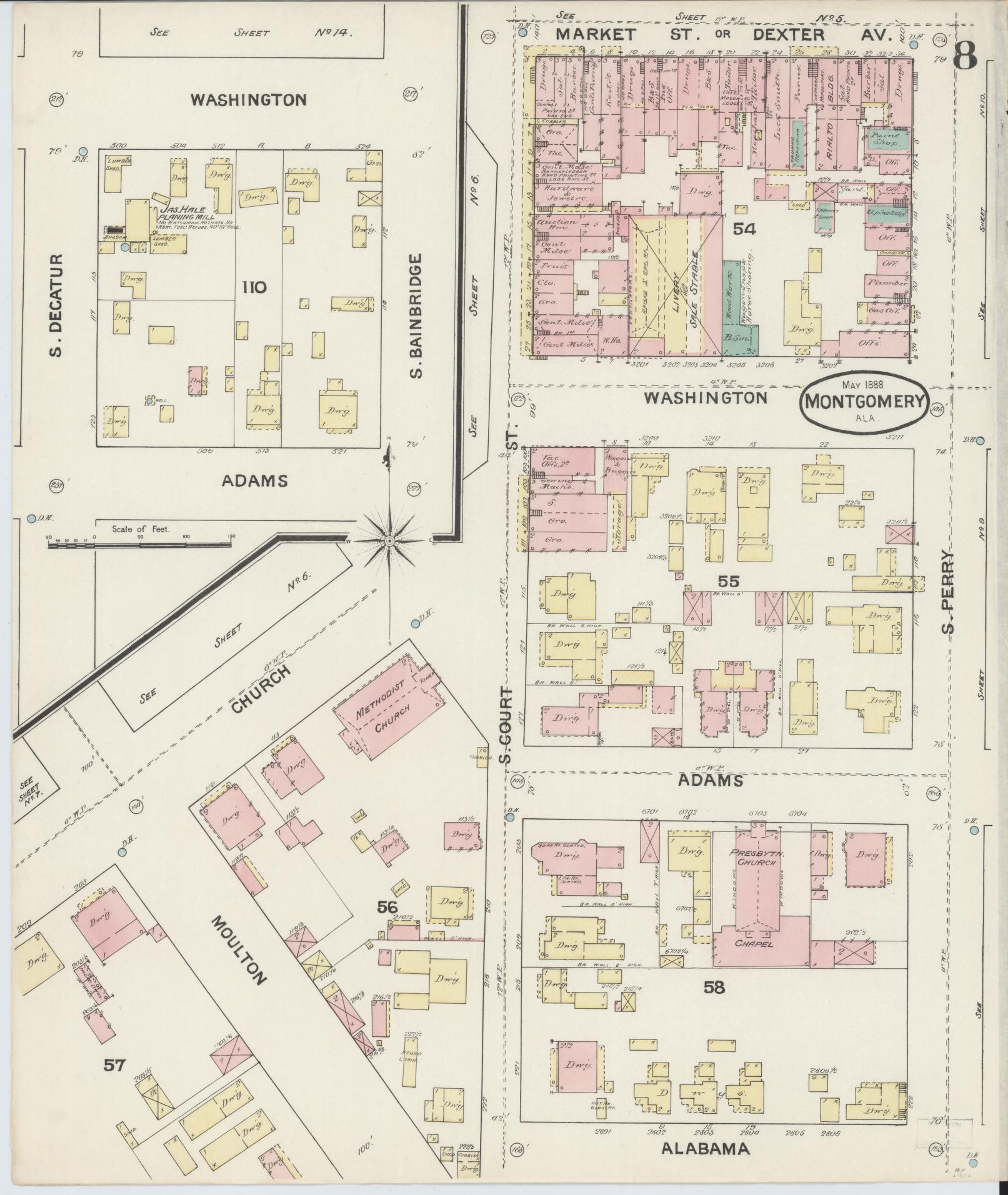Sanborn Fire Insurance Map from Montgomery, Montgomery County, Alabama (1888), Sheet #0008 - Complete Map Set gallery image, historic Sanborn map, vintage wall art, Alabama Alabama