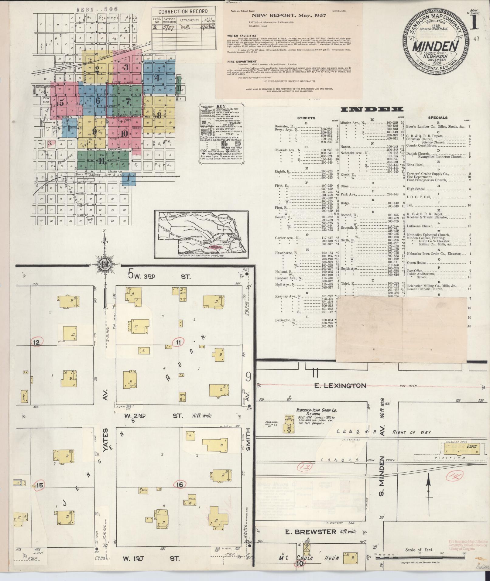 Sanborn Fire Insurance Map from Minden, Kearney County, Nebraska (1937), Sheet #0001 - Historic Sanborn Fire Insurance Map Print, vintage old map wall art, antique decor, genealogy gift, Nebraska Nebraska map