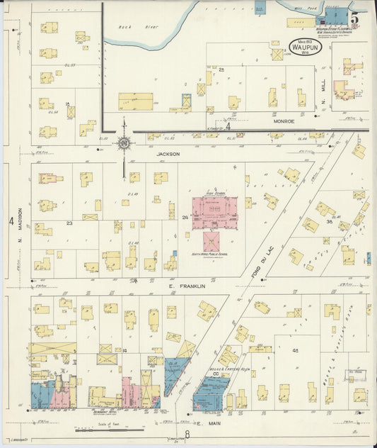 Sanborn Fire Insurance Map from Waupun, Dodge and Fond du Lac Counties, Wisconsin (1913), Sheet #0005 - Historic Sanborn Fire Insurance Map Print, vintage old map wall art, antique decor, genealogy gift, Wisconsin Wisconsin map