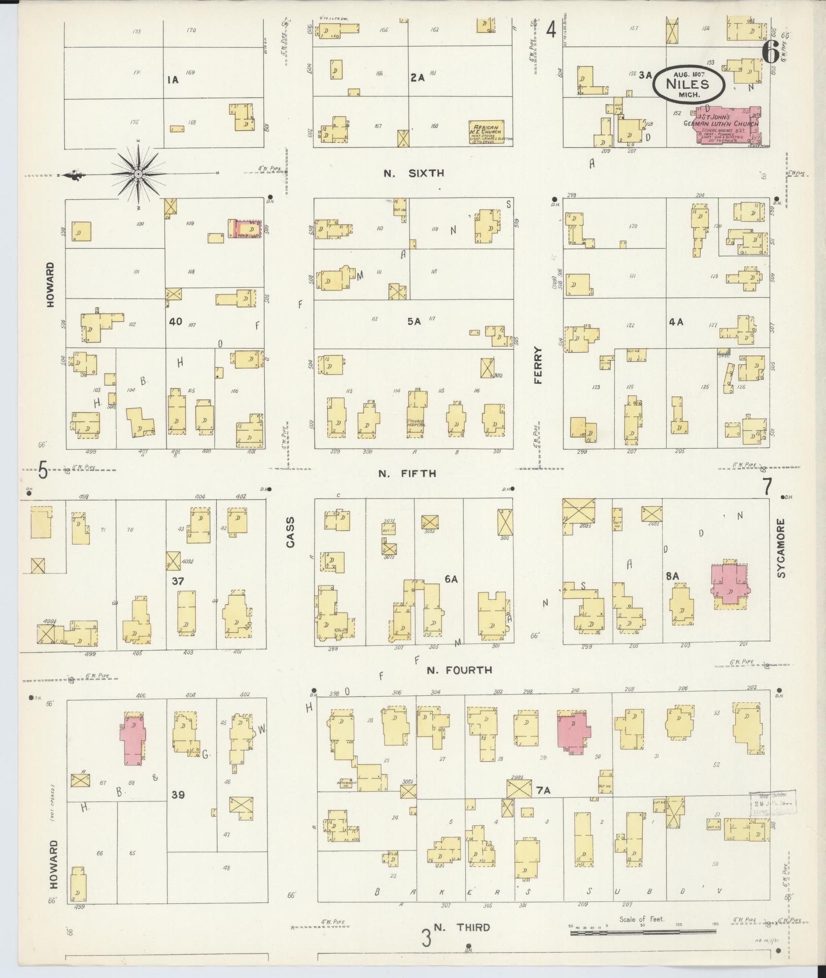 Sanborn Fire Insurance Map from Niles, Berrien County, Michigan (1907), Sheet #0006 - Historic Sanborn Fire Insurance Map Print, vintage old map wall art, antique decor, genealogy gift, Michigan Michigan map
