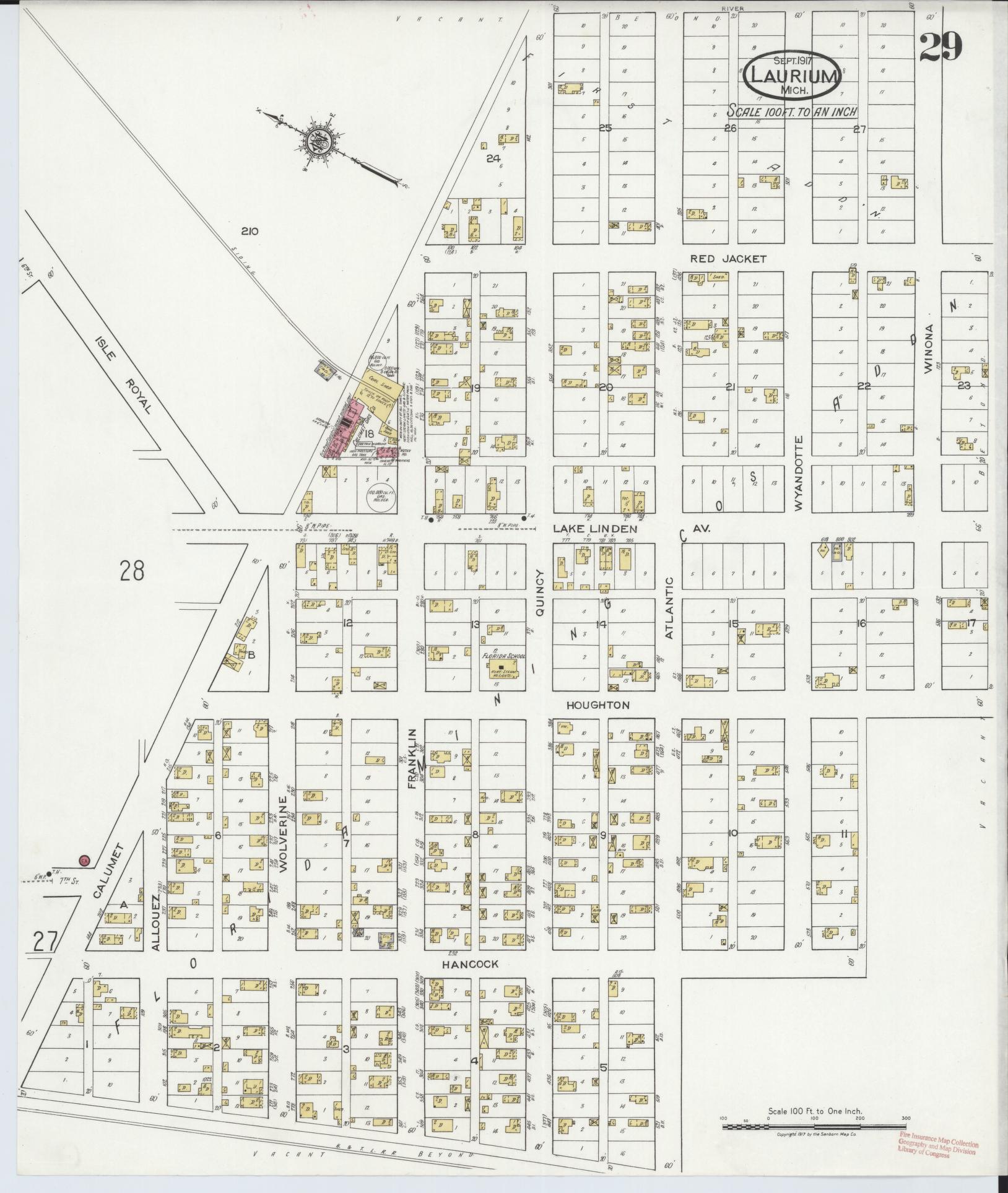 Sanborn Fire Insurance Map from Laurium, Houghton County, Michigan (1917), Sheet #0029 - Complete Map Set gallery image, historic Sanborn map, vintage wall art, Michigan Michigan