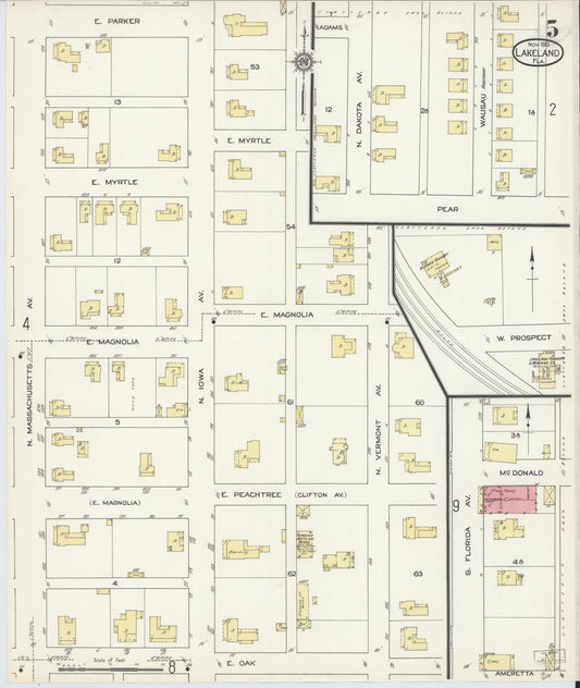 Sanborn Fire Insurance Map from Lakeland, Polk County, Florida (1913), Sheet #0005 - Historic Sanborn Fire Insurance Map Print, vintage old map wall art, antique decor, genealogy gift, Florida Florida map