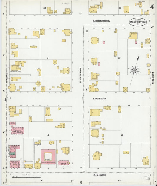 Sanborn Fire Insurance Map from Milledgeville, Baldwin County, Georgia (1901), Sheet #0004 - Historic Sanborn Fire Insurance Map Print, vintage old map wall art, antique decor, genealogy gift, Georgia Georgia map
