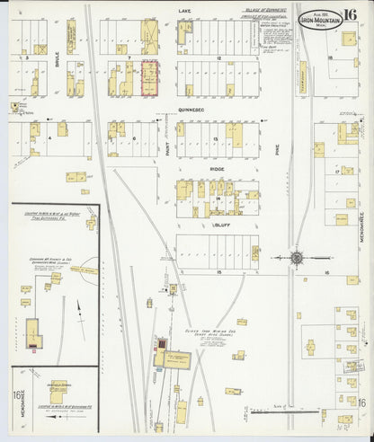 Sanborn Fire Insurance Map from Iron Mountain, Dickinson County, Michigan (1911), Sheet #0016 - Historic Sanborn Fire Insurance Map Print, vintage old map wall art, antique decor, genealogy gift, Michigan Michigan map