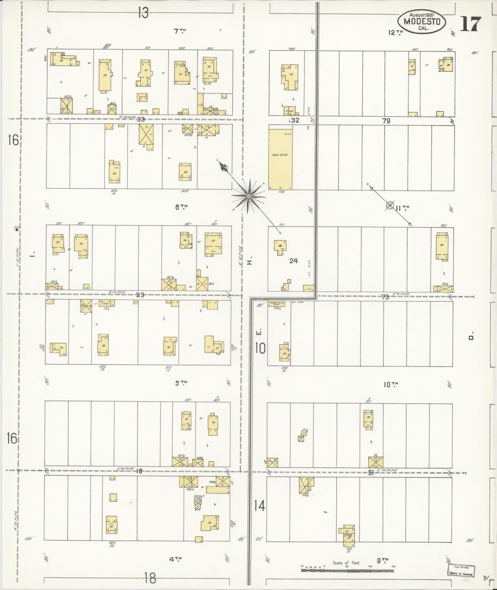 Sanborn Fire Insurance Map from Modesto, Stanislaus County, California (1907), Sheet #0017 - Complete Map Set gallery image, historic Sanborn map, vintage wall art, California California