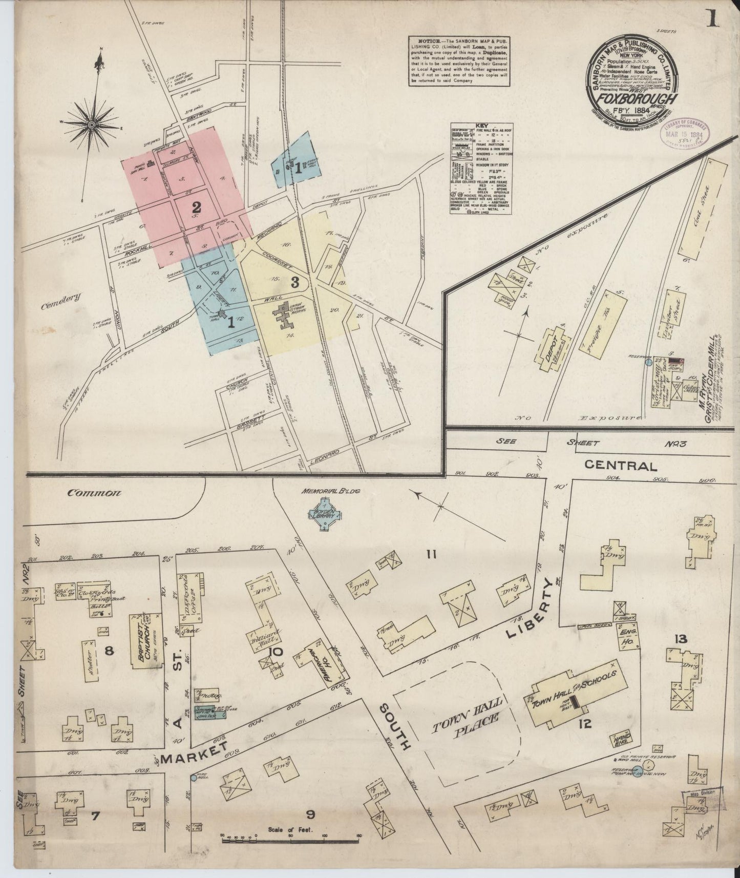 Sanborn Fire Insurance Map from Foxboro, Norfolk County, Massachusetts (1884), Sheet #0001 - Historic Sanborn Fire Insurance Map Print, vintage old map wall art, antique decor, genealogy gift, Massachusetts Massachusetts map