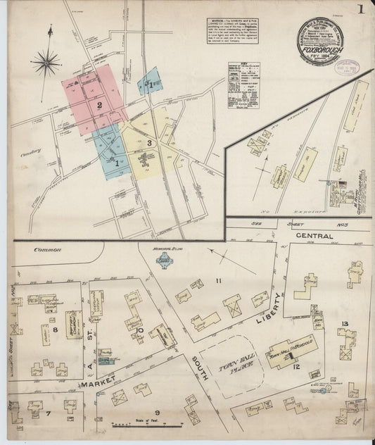 Sanborn Fire Insurance Map from Foxboro, Norfolk County, Massachusetts (1884), Sheet #0001 - Historic Sanborn Fire Insurance Map Print, vintage old map wall art, antique decor, genealogy gift, Massachusetts Massachusetts map