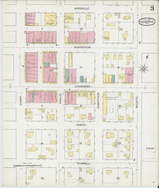 Sanborn Fire Insurance Map from Cleburne, Johnson County, Texas (1893), Sheet #0003 - Historic Sanborn Fire Insurance Map Print, vintage old map wall art, antique decor, genealogy gift, Texas Texas map