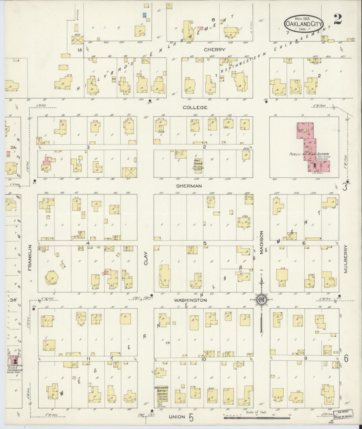 Sanborn Fire Insurance Map from Oakland City, Gibson County, Indiana (1913), Sheet #0002 - Historic Sanborn Fire Insurance Map Print, vintage old map wall art, antique decor, genealogy gift, Indiana Indiana map