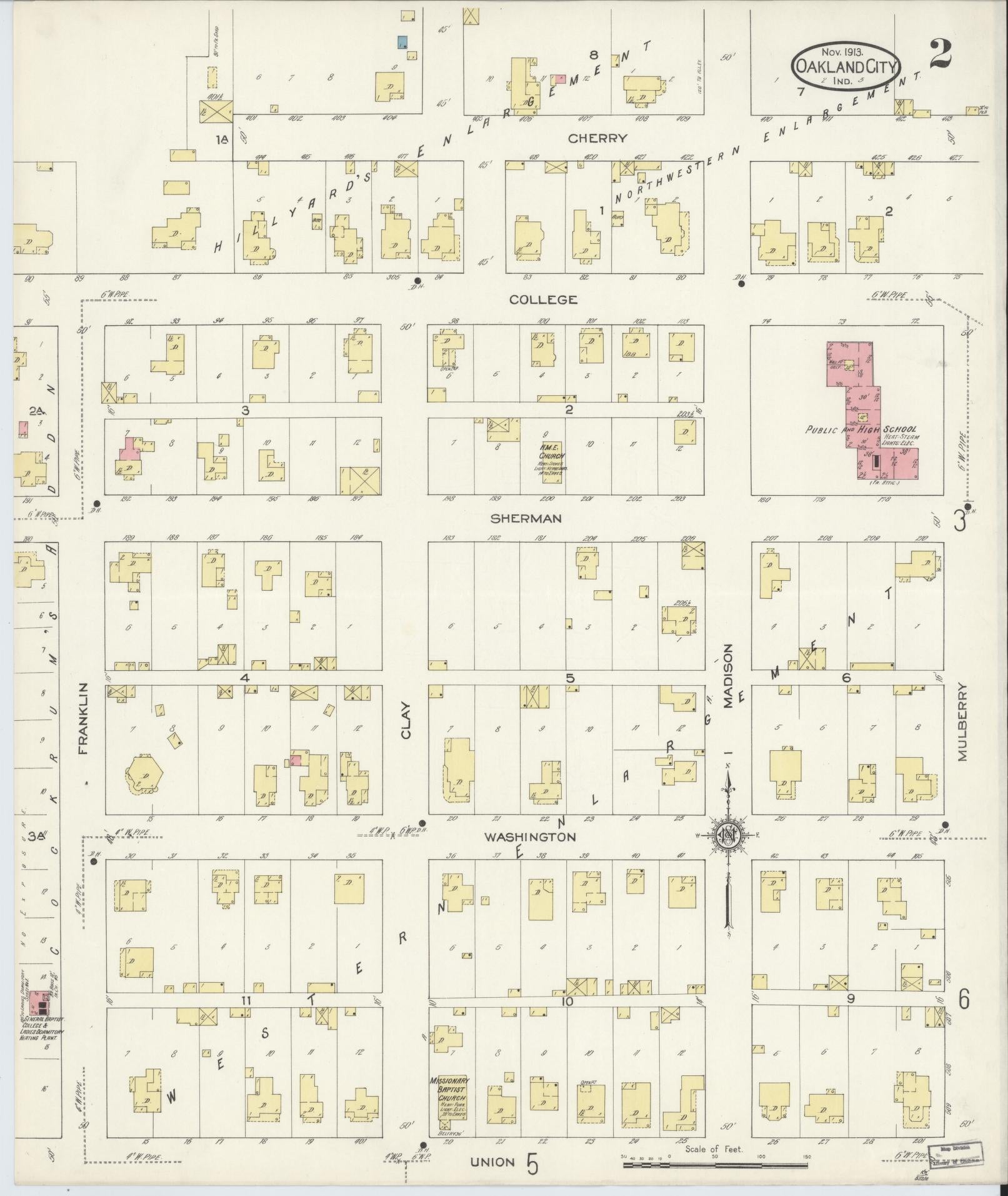 Sanborn Fire Insurance Map from Oakland City, Gibson County, Indiana (1913), Sheet #0002 - Historic Sanborn Fire Insurance Map Print, vintage old map wall art, antique decor, genealogy gift, Indiana Indiana map