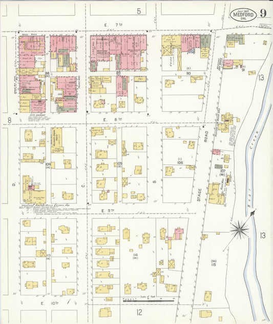 Sanborn Fire Insurance Map from Medford, Jackson County, Oregon (1907), Sheet #0009 - Historic Sanborn Fire Insurance Map Print, vintage old map wall art, antique decor, genealogy gift, Oregon Oregon map