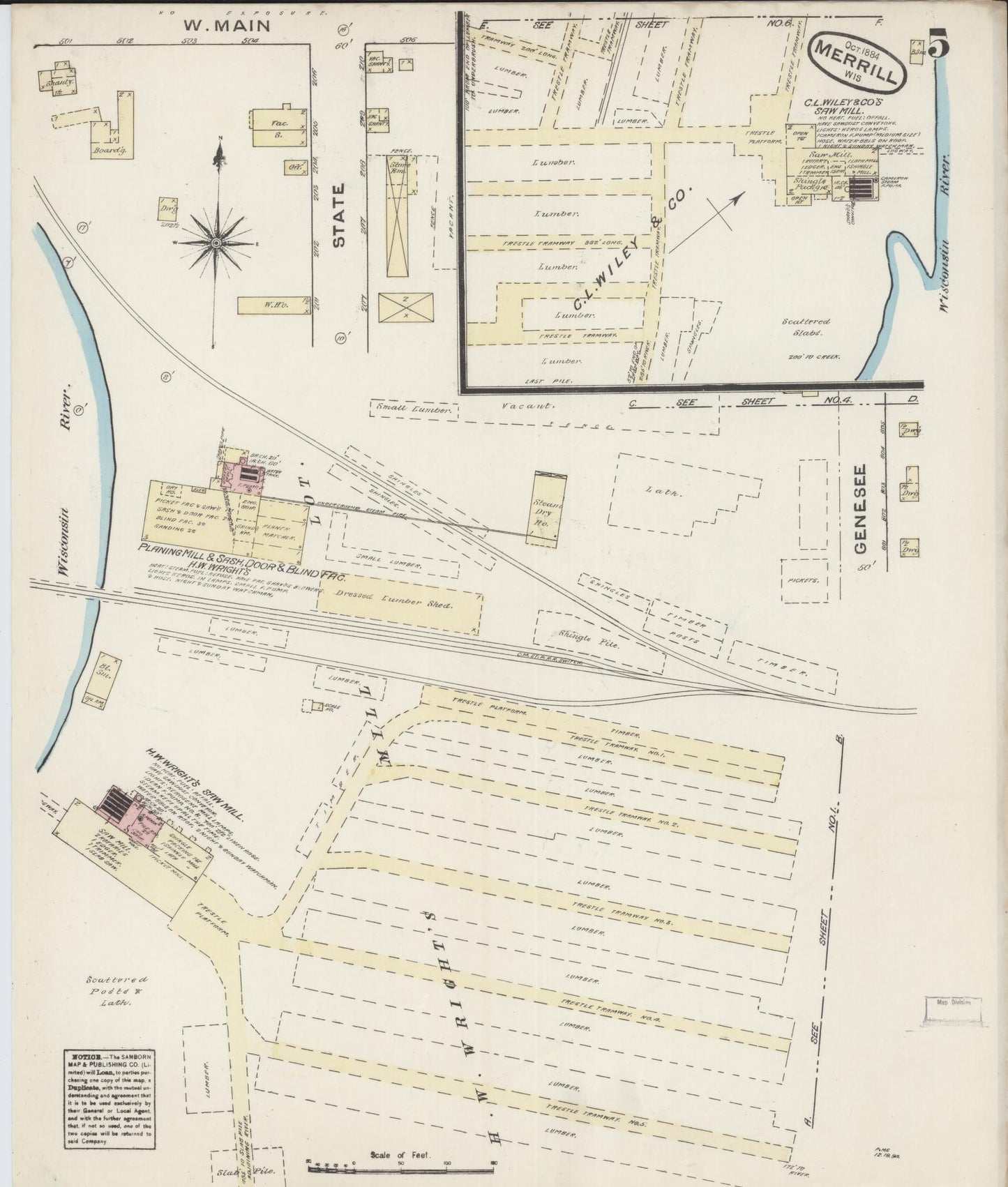 Sanborn Fire Insurance Map from Merrill, Lincoln County, Wisconsin (1884), Sheet #0005 - Complete Map Set gallery image, historic Sanborn map, vintage wall art, Wisconsin Wisconsin