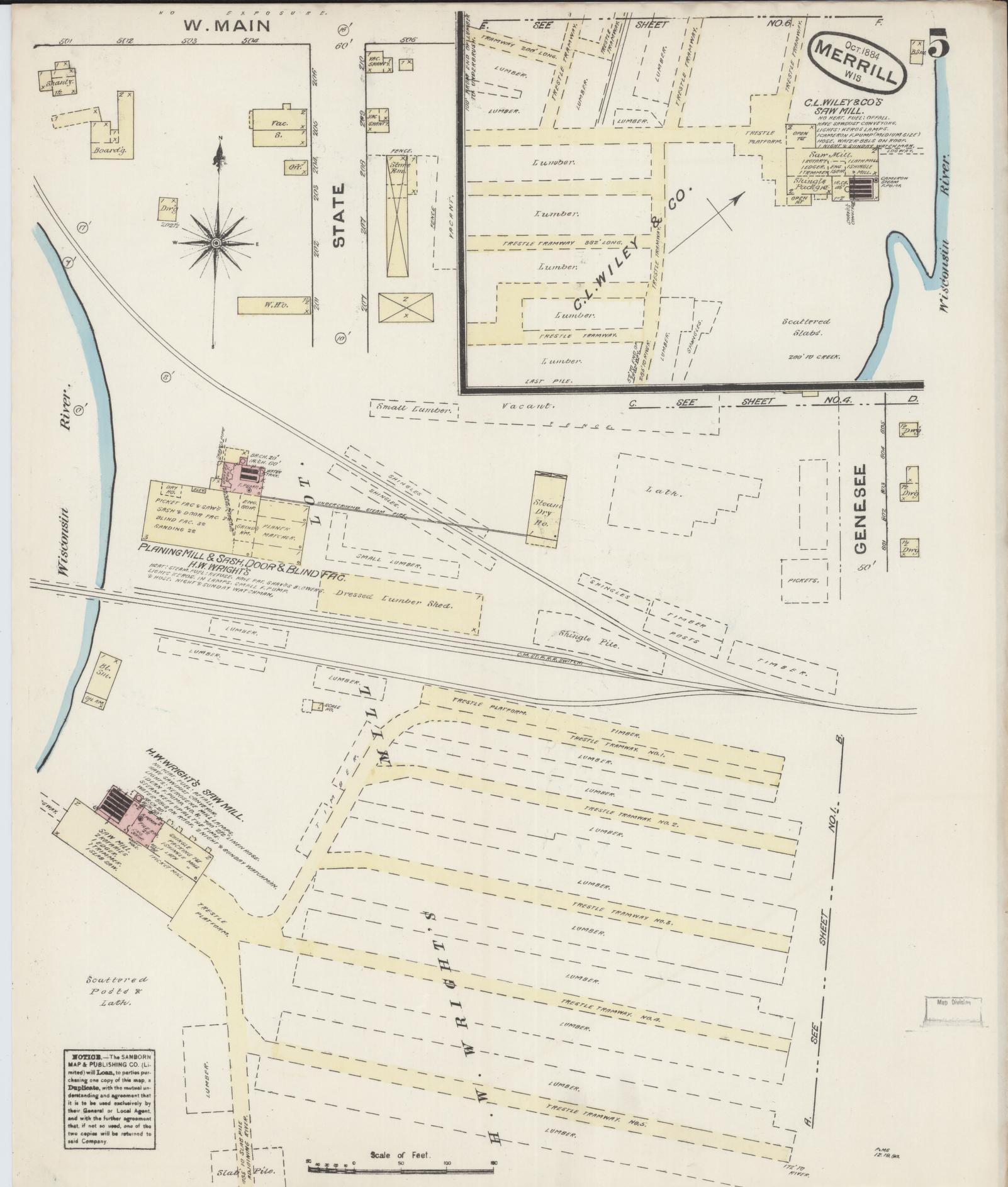Sanborn Fire Insurance Map from Merrill, Lincoln County, Wisconsin (1884), Sheet #0005 - Complete Map Set gallery image, historic Sanborn map, vintage wall art, Wisconsin Wisconsin