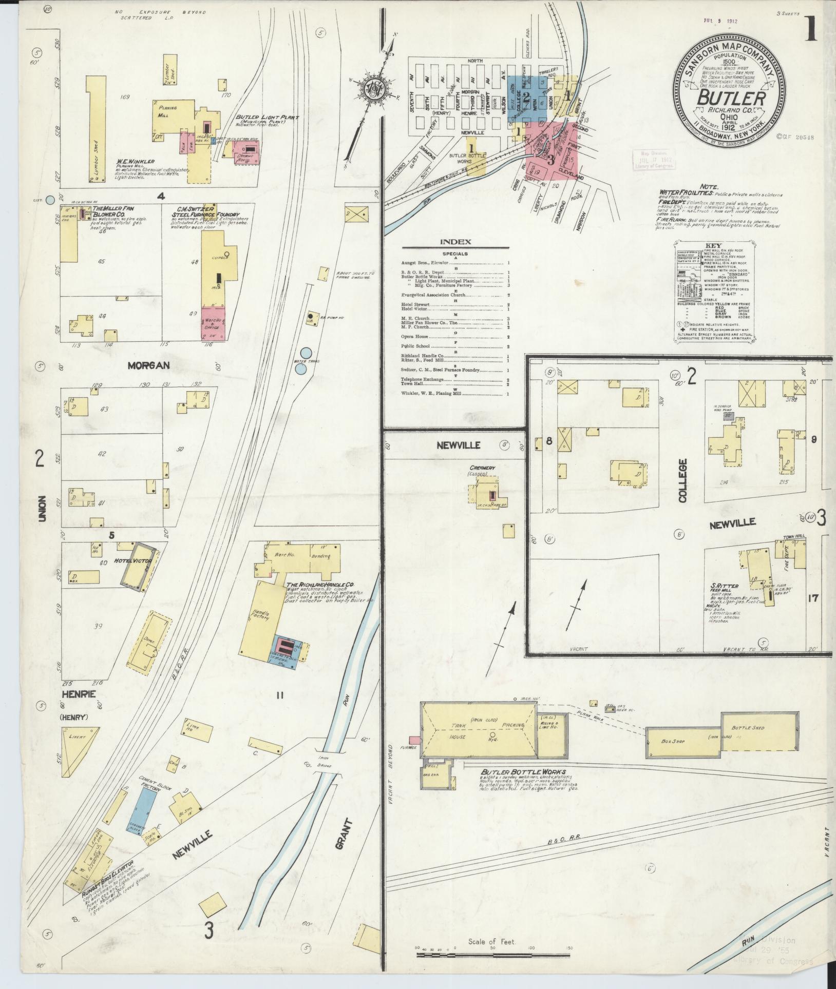 Sanborn Fire Insurance Map from Butler, Richland County, Ohio (1912), Sheet #0001 - Historic Sanborn Fire Insurance Map Print, vintage old map wall art, antique decor, genealogy gift, Ohio Ohio map