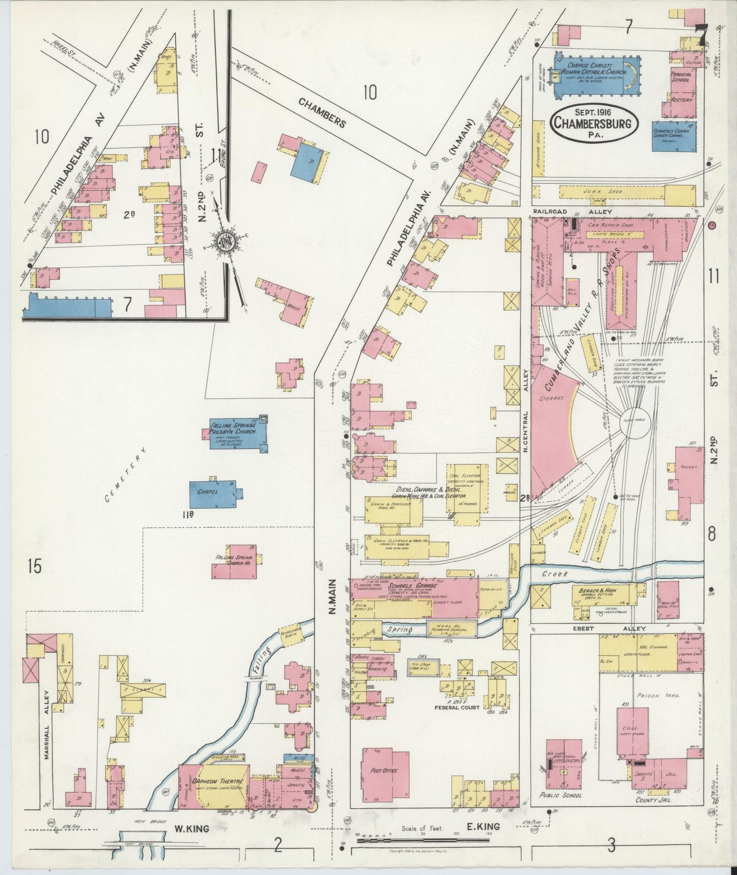 Sanborn Fire Insurance Map from Chambersburg, Franklin County, Pennsylvania (1916), Sheet #0007 - Historic Sanborn Fire Insurance Map Print, vintage old map wall art, antique decor, genealogy gift, Pennsylvania Pennsylvania map