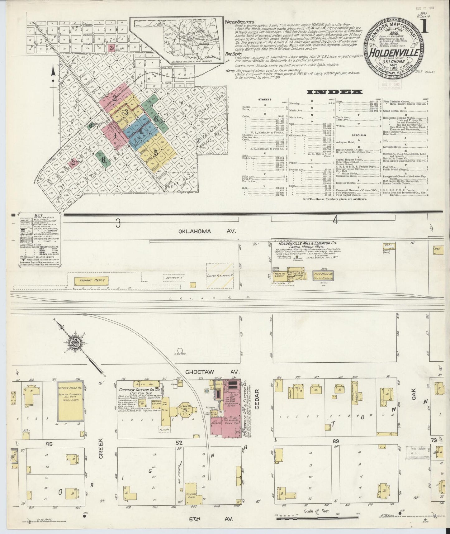 Sanborn Fire Insurance Map from Holdenville, Hughes County, Oklahoma (1913), Sheet #0001 - Complete Map Set gallery image, historic Sanborn map, vintage wall art, Oklahoma Oklahoma