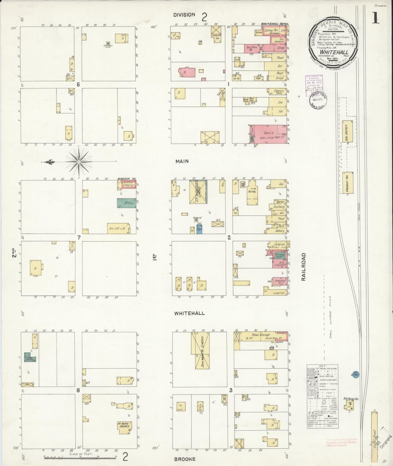 Sanborn Fire Insurance Map from Whitehall, Jefferson County, Montana (1901), Sheet #0001 - Historic Sanborn Fire Insurance Map Print, vintage old map wall art, antique decor, genealogy gift, Montana Montana map