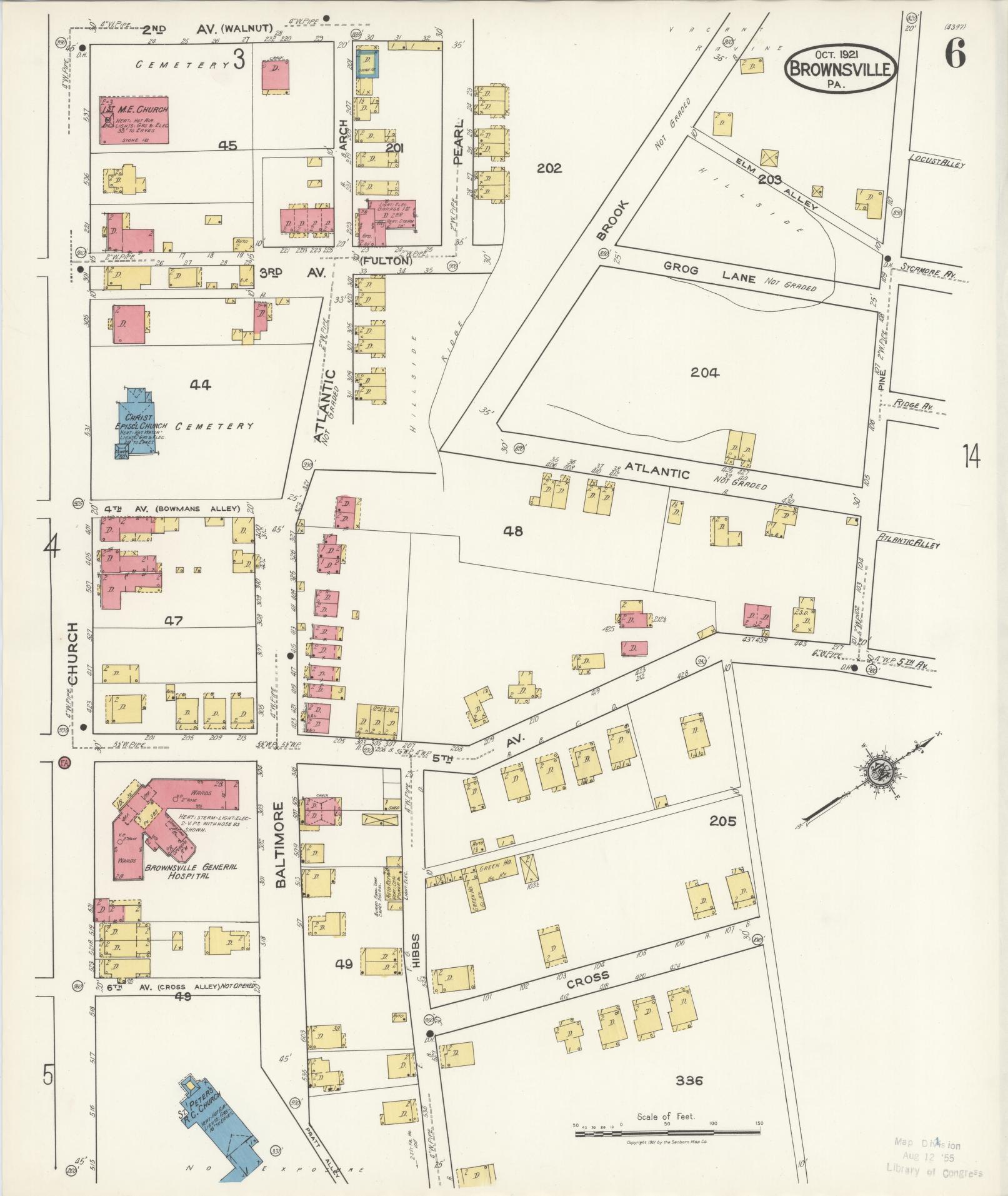 Sanborn Fire Insurance Map from Brownsville, Fayette County, Pennsylvania (1921), Sheet #0006 - Historic Sanborn Fire Insurance Map Print, vintage old map wall art, antique decor, genealogy gift, Pennsylvania Pennsylvania map