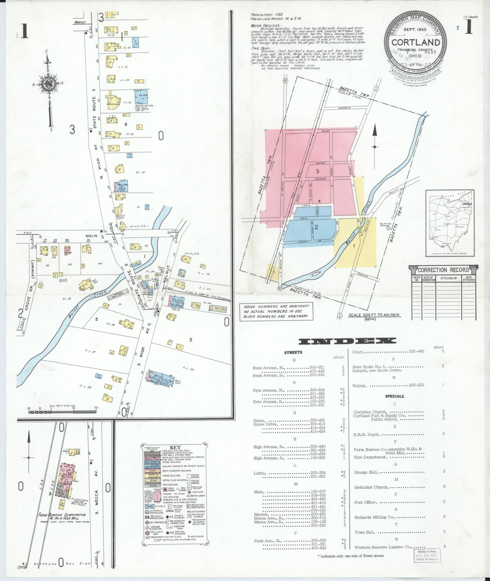 Sanborn Fire Insurance Map from Cortland, Trumbull County, Ohio (1950), Sheet #0001 - Historic Sanborn Fire Insurance Map Print, vintage old map wall art, antique decor, genealogy gift, Ohio Ohio map