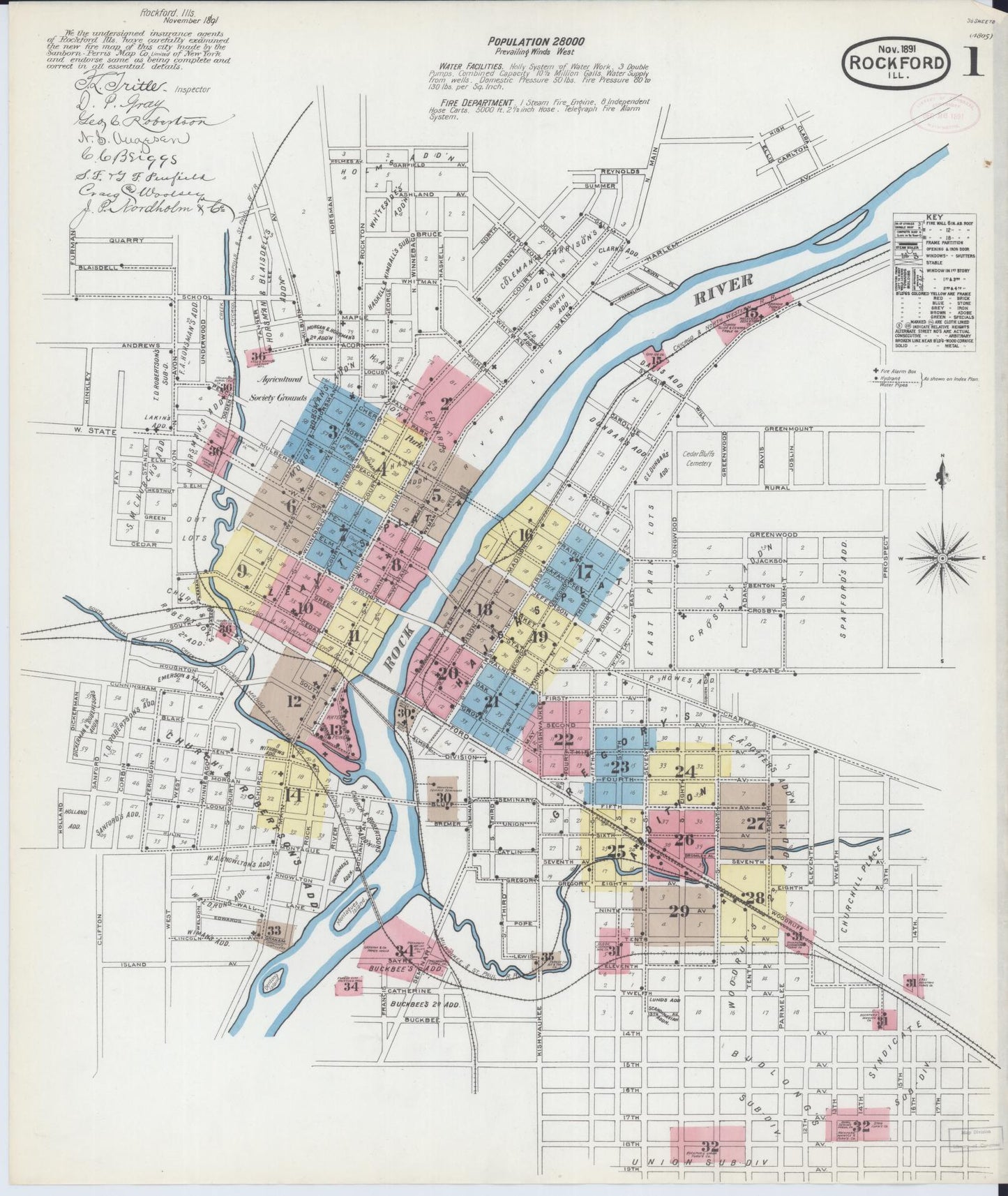 Sanborn Fire Insurance Map from Rockford, Winnebago County, Illinois (1891), Sheet #0001 - Complete Map Set gallery image, historic Sanborn map, vintage wall art, Illinois Illinois