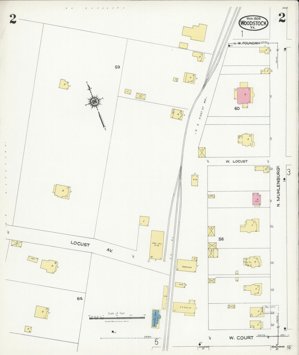 Sanborn Fire Insurance Map from Woodstock, Shenandoah County, Virginia (1924), Sheet #0002 - Historic Sanborn Fire Insurance Map Print, vintage old map wall art, antique decor, genealogy gift, Virginia Virginia map