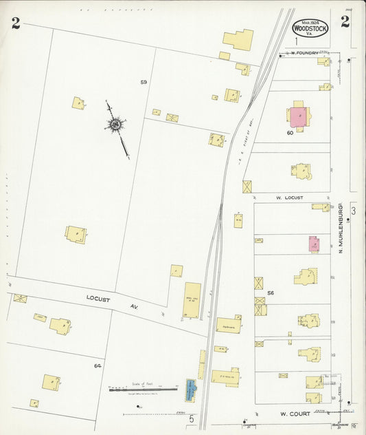 Sanborn Fire Insurance Map from Woodstock, Shenandoah County, Virginia (1924), Sheet #0002 - Historic Sanborn Fire Insurance Map Print, vintage old map wall art, antique decor, genealogy gift, Virginia Virginia map