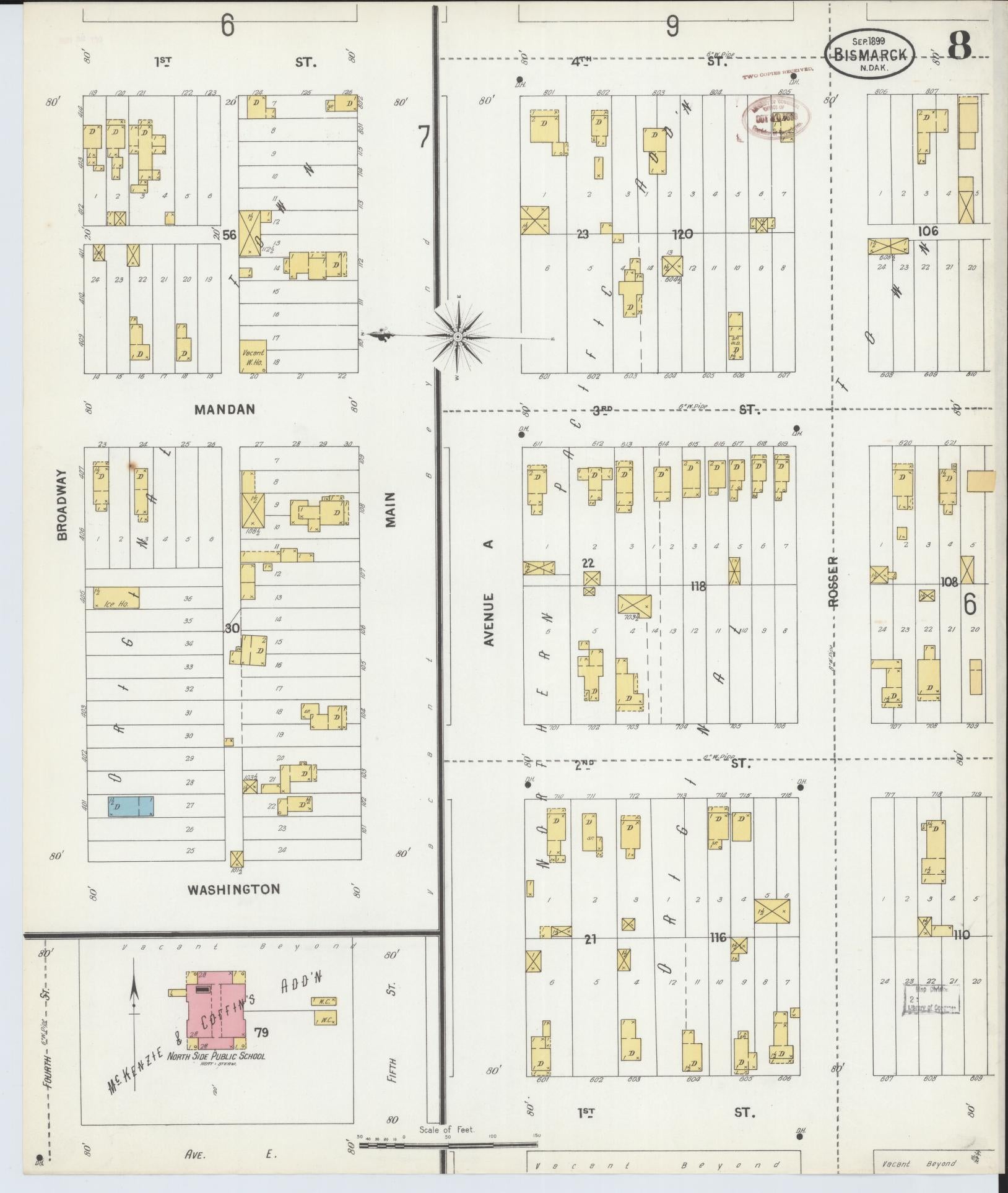 Sanborn Fire Insurance Map from Bismarck, Burleigh County, North Dakota (1899), Sheet #0008 - Historic Sanborn Fire Insurance Map Print, vintage old map wall art, antique decor, genealogy gift, North Dakota North Dakota map