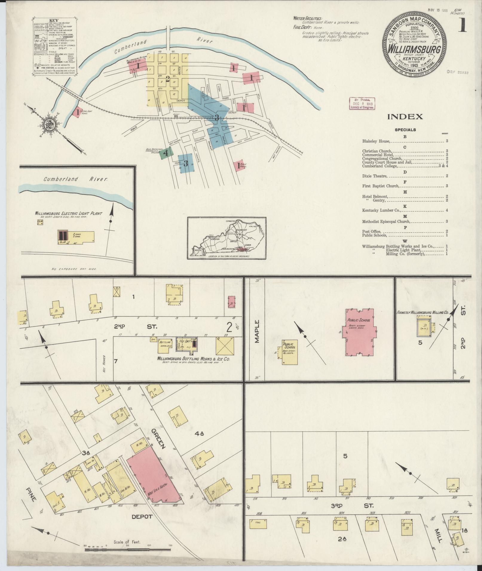 Sanborn Fire Insurance Map from Williamsburg, Whitley County, Kentucky (1913), Sheet #0001 - Complete Map Set gallery image, historic Sanborn map, vintage wall art, Kentucky Kentucky