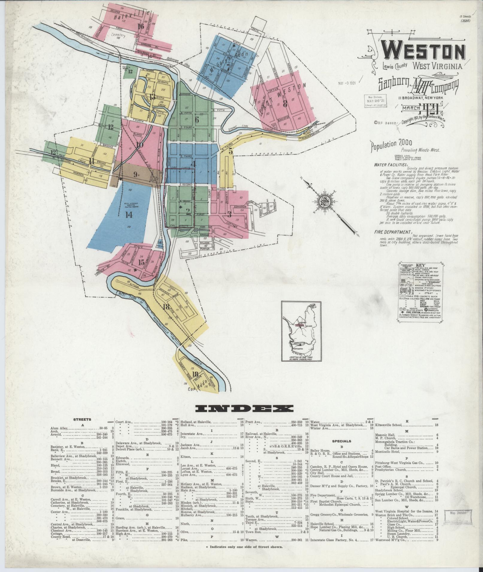 Sanborn Fire Insurance Map from Weston, Lewis County, West Virginia (1921), Sheet #0001 - Complete Map Set gallery image, historic Sanborn map, vintage wall art, West Virginia West Virginia
