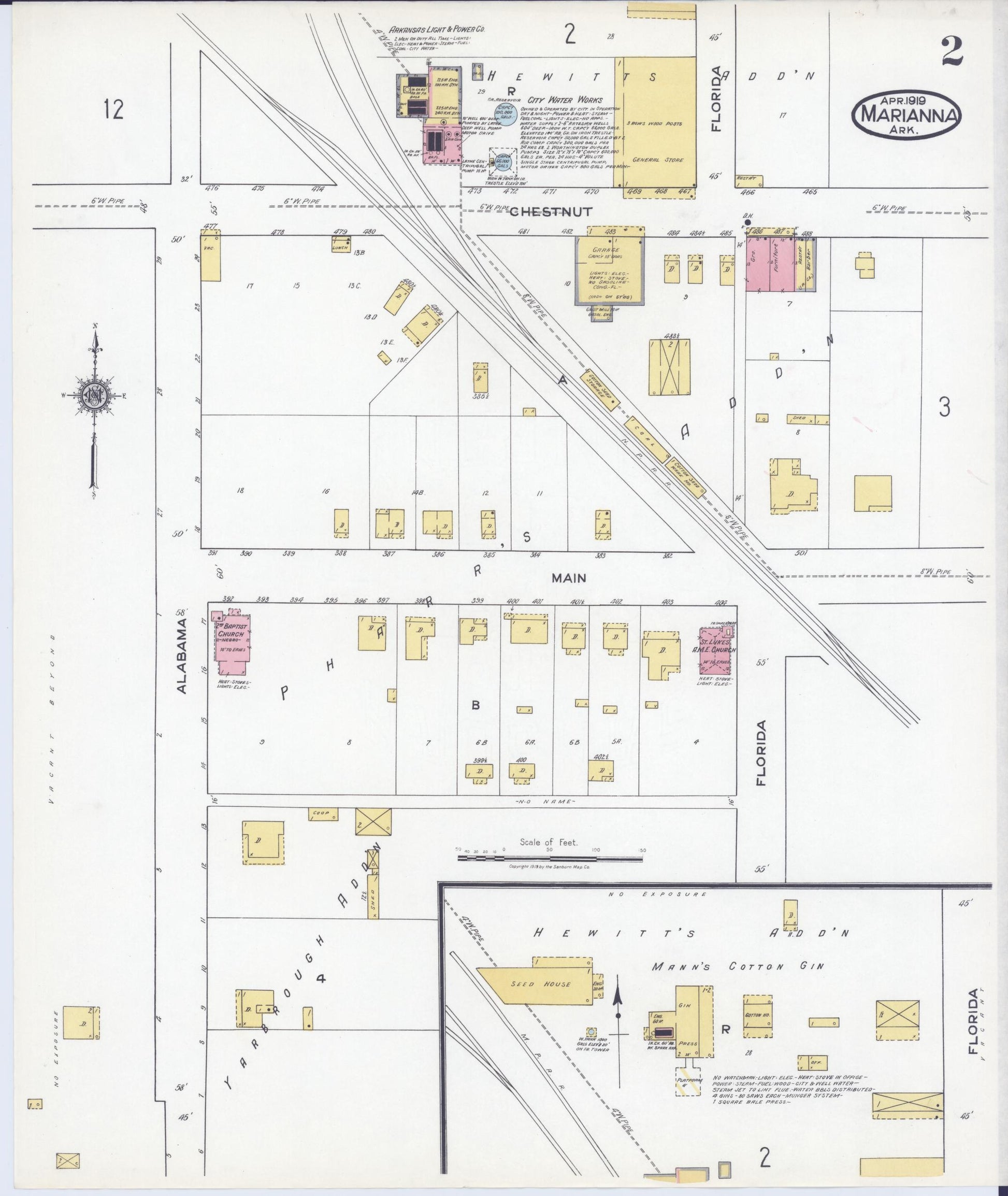 Sanborn Fire Insurance Map from Marianna, Lee County, Arkansas (1919), Sheet #0002 - Historic Sanborn Fire Insurance Map Print, vintage old map wall art, antique decor, genealogy gift, Arkansas Arkansas map