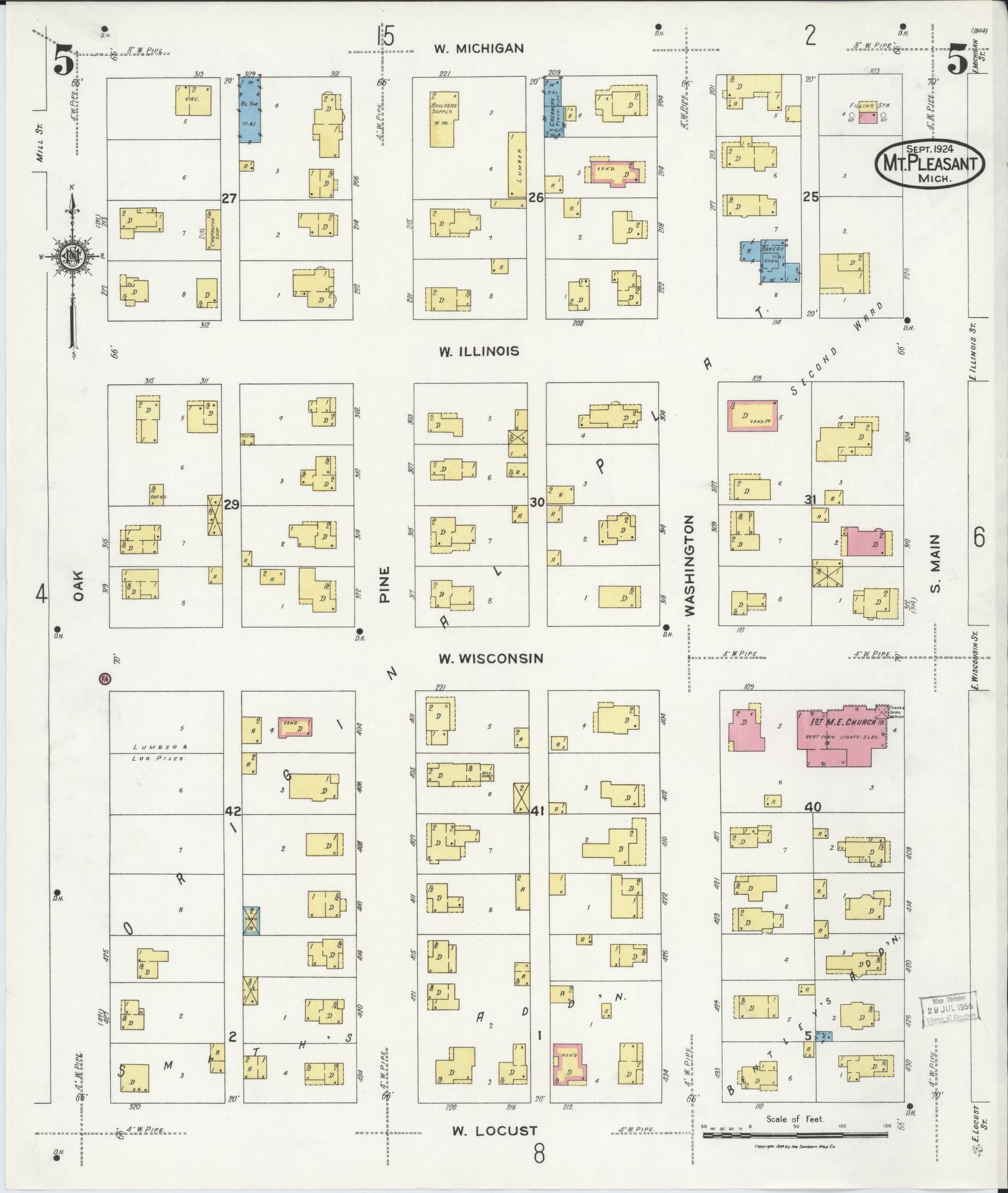 Sanborn Fire Insurance Map from Mount Pleasant, Isabella County, Michigan (1924), Sheet #0005 - Complete Map Set gallery image, historic Sanborn map, vintage wall art, Michigan Michigan
