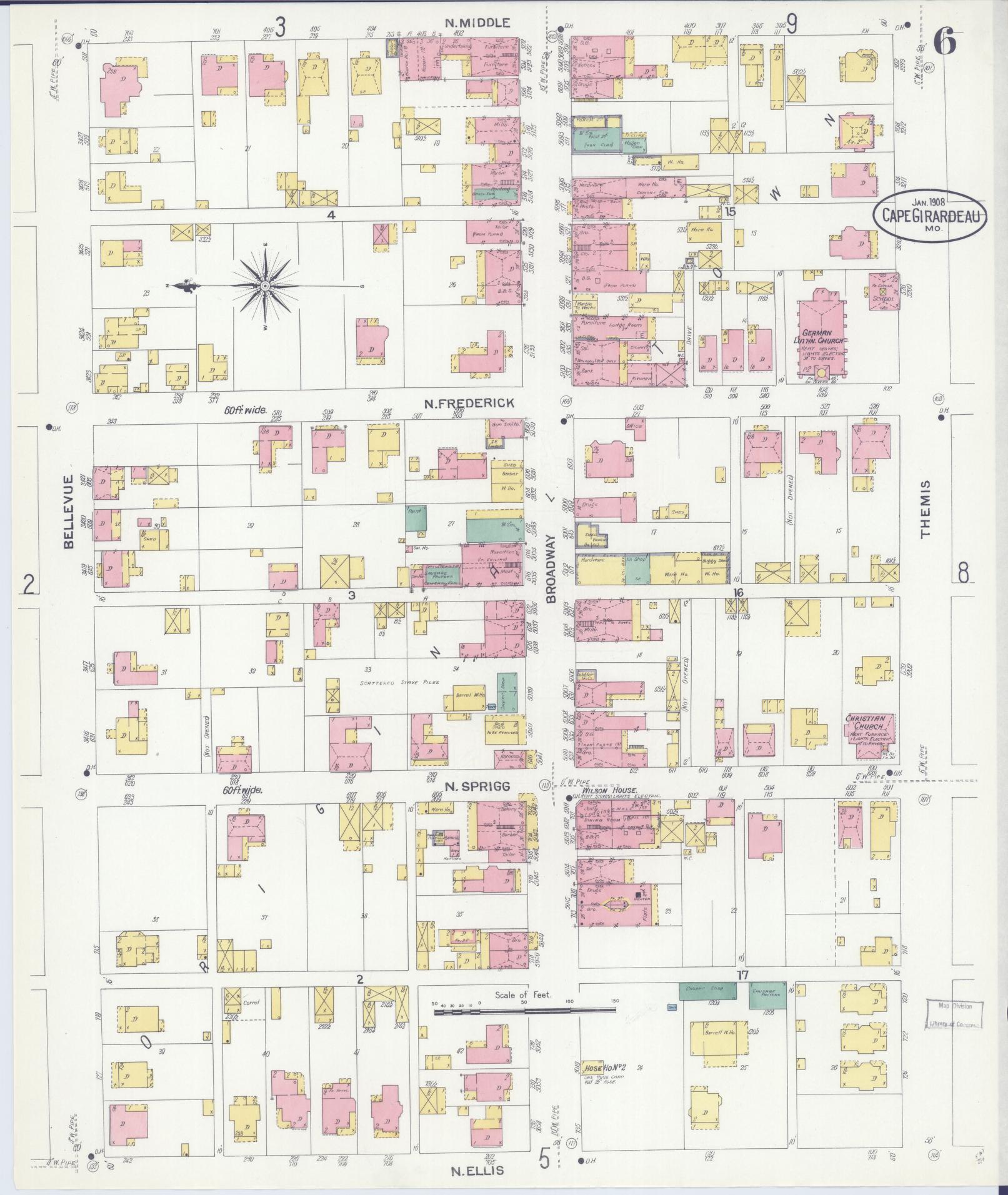 Sanborn Fire Insurance Map from Cape Girardeau, Cape Girardeau County, Missouri (1908), Sheet #0006 - Complete Map Set gallery image, historic Sanborn map, vintage wall art, Missouri Missouri