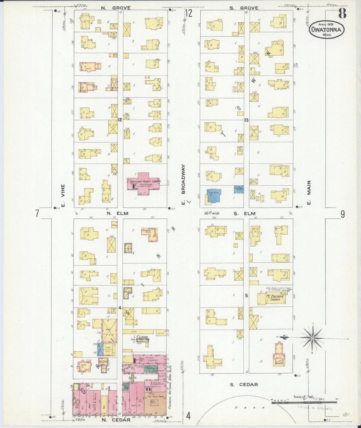Sanborn Fire Insurance Map from Owatonna, Steele County, Minnesota (1909), Sheet #0008 - Historic Sanborn Fire Insurance Map Print, vintage old map wall art, antique decor, genealogy gift, Minnesota Minnesota map