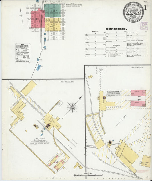 Sanborn Fire Insurance Map from Ellisville, Jones County, Mississippi (1904), Sheet #0001 - Historic Sanborn Fire Insurance Map Print, vintage old map wall art, antique decor, genealogy gift, Mississippi Mississippi map