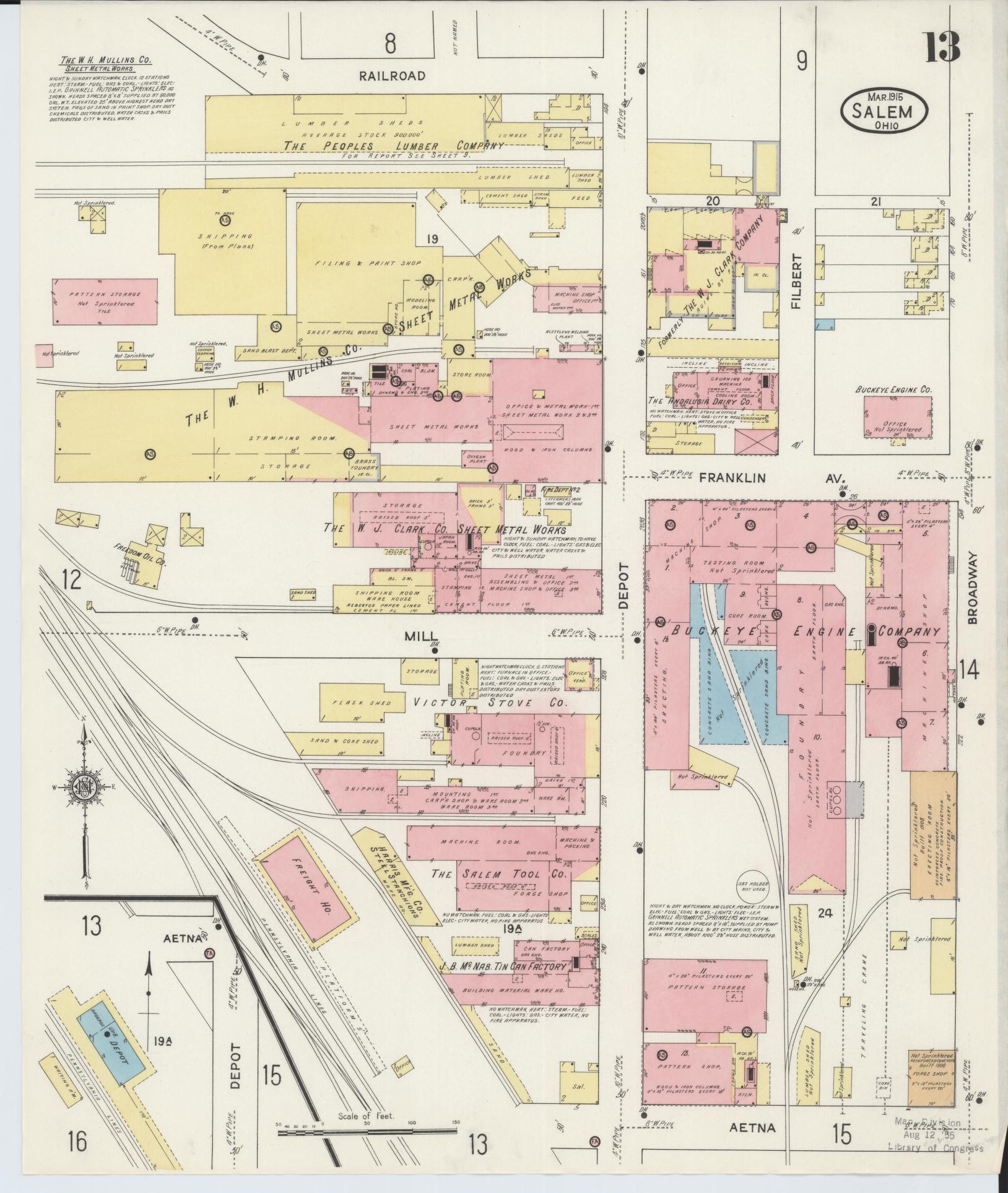 Sanborn Fire Insurance Map from Salem, Columbiana County, Ohio (1915), Sheet #0013 - Complete Map Set gallery image, historic Sanborn map, vintage wall art, Ohio Ohio
