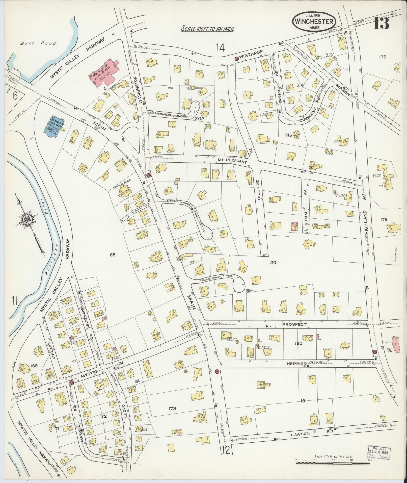 Sanborn Fire Insurance Map from Winchester, Middlesex County, Massachusetts (1916), Sheet #0013 - Complete Map Set gallery image, historic Sanborn map, vintage wall art, Massachusetts Massachusetts