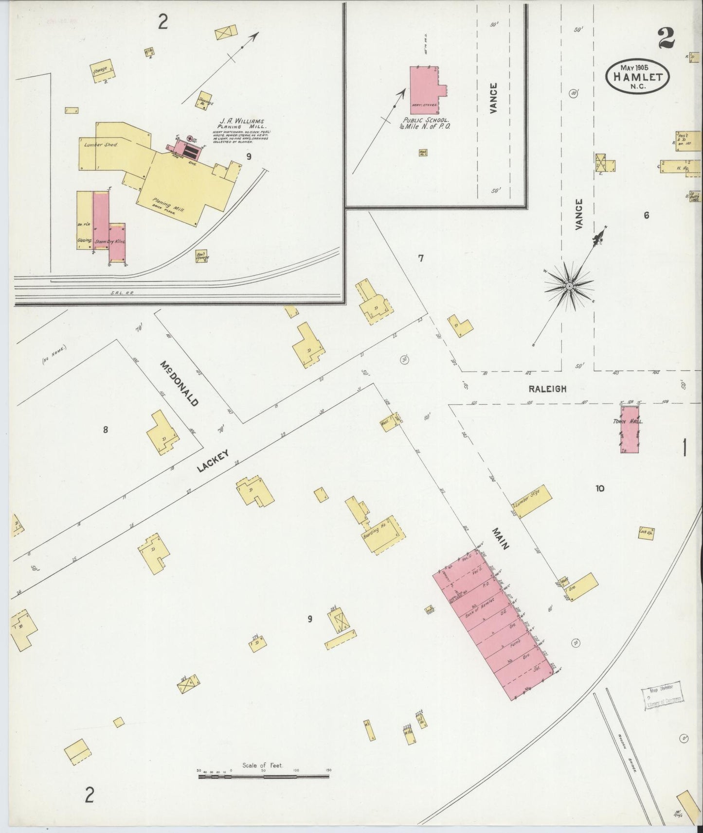 Sanborn Fire Insurance Map from Hamlet, Richmond County, North Carolina (1905), Sheet #0002 - Complete Map Set gallery image, historic Sanborn map, vintage wall art, North Carolina North Carolina
