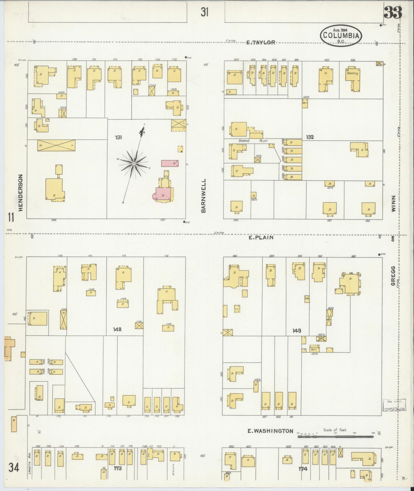 Sanborn Fire Insurance Map from Columbia, Richland County, South Carolina (1904), Sheet #0033 - Complete Map Set gallery image, historic Sanborn map, vintage wall art, South Carolina South Carolina