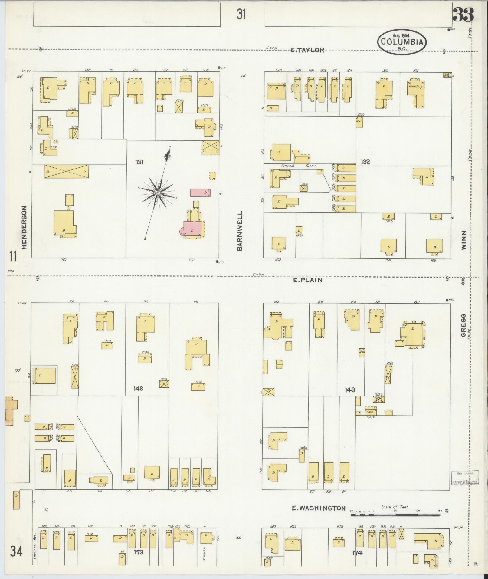 Sanborn Fire Insurance Map from Columbia, Richland County, South Carolina (1904), Sheet #0033 - Complete Map Set gallery image, historic Sanborn map, vintage wall art, South Carolina South Carolina