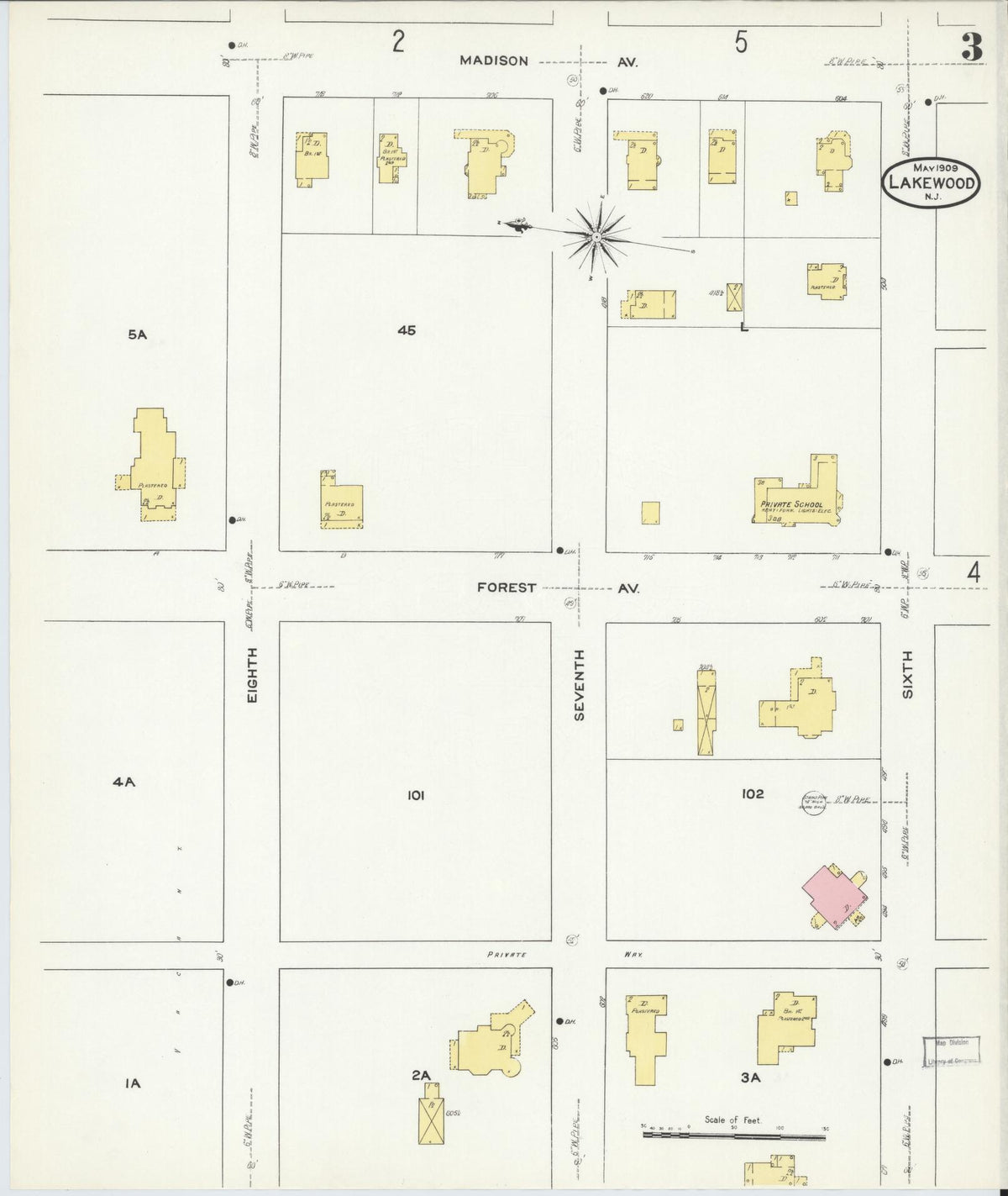 Sanborn Fire Insurance Map from Lakewood, Ocean County, New Jersey (1909), Sheet #0003 - Complete Map Set gallery image, historic Sanborn map, vintage wall art, New Jersey New Jersey