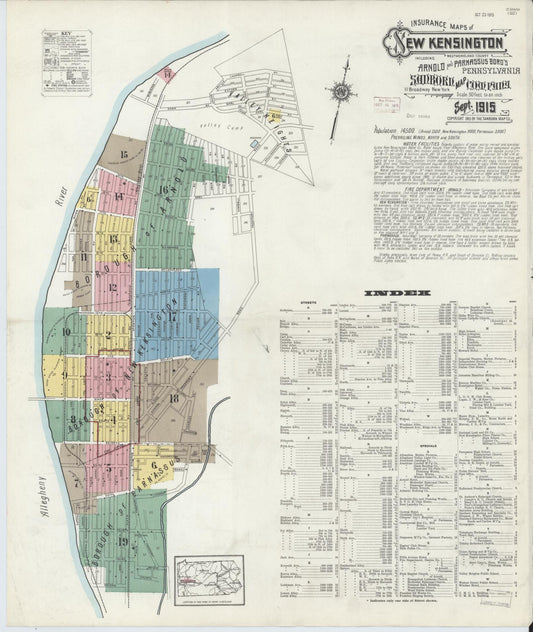 Sanborn Fire Insurance Map from New Kensington, Westmoreland County, Pennsylvania (1915), Sheet #0001 - Historic Sanborn Fire Insurance Map Print, vintage old map wall art, antique decor, genealogy gift, Pennsylvania Pennsylvania map