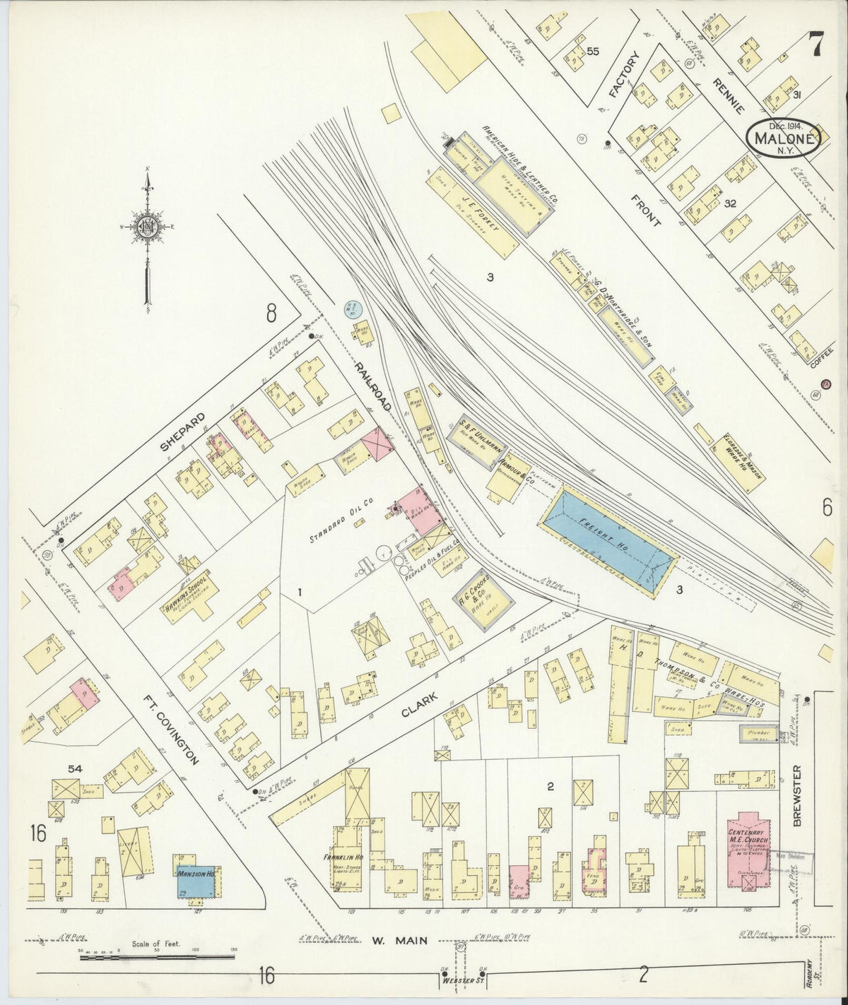 Sanborn Fire Insurance Map from Malone, Franklin County, New York (1914), Sheet #0007 - Historic Sanborn Fire Insurance Map Print, vintage old map wall art, antique decor, genealogy gift, New York New York map
