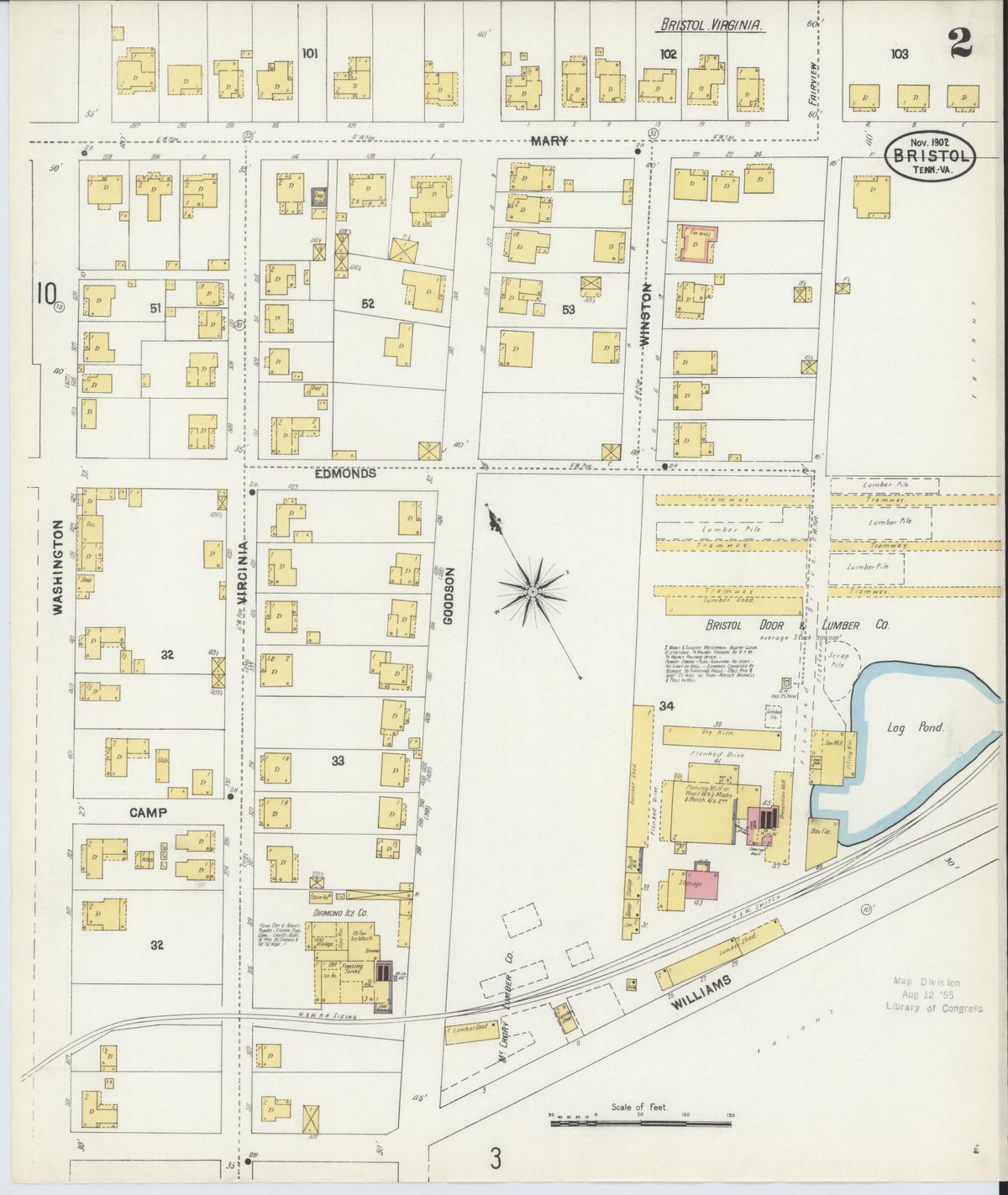 Sanborn Fire Insurance Map from Bristol, Sullivan County, Tennessee (1902), Sheet #0002 - Complete Map Set gallery image, historic Sanborn map, vintage wall art, Tennessee Tennessee